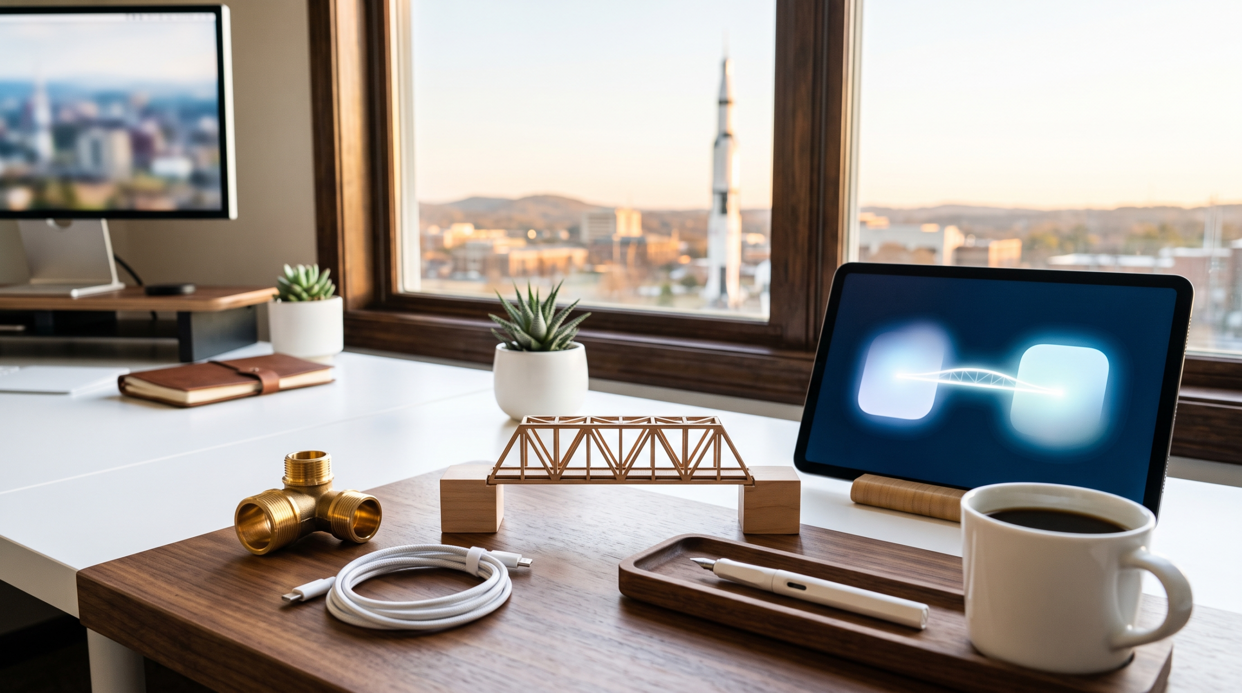 AI consultant credibility without being an engineer workspace with bridge miniature and rocket skyline view