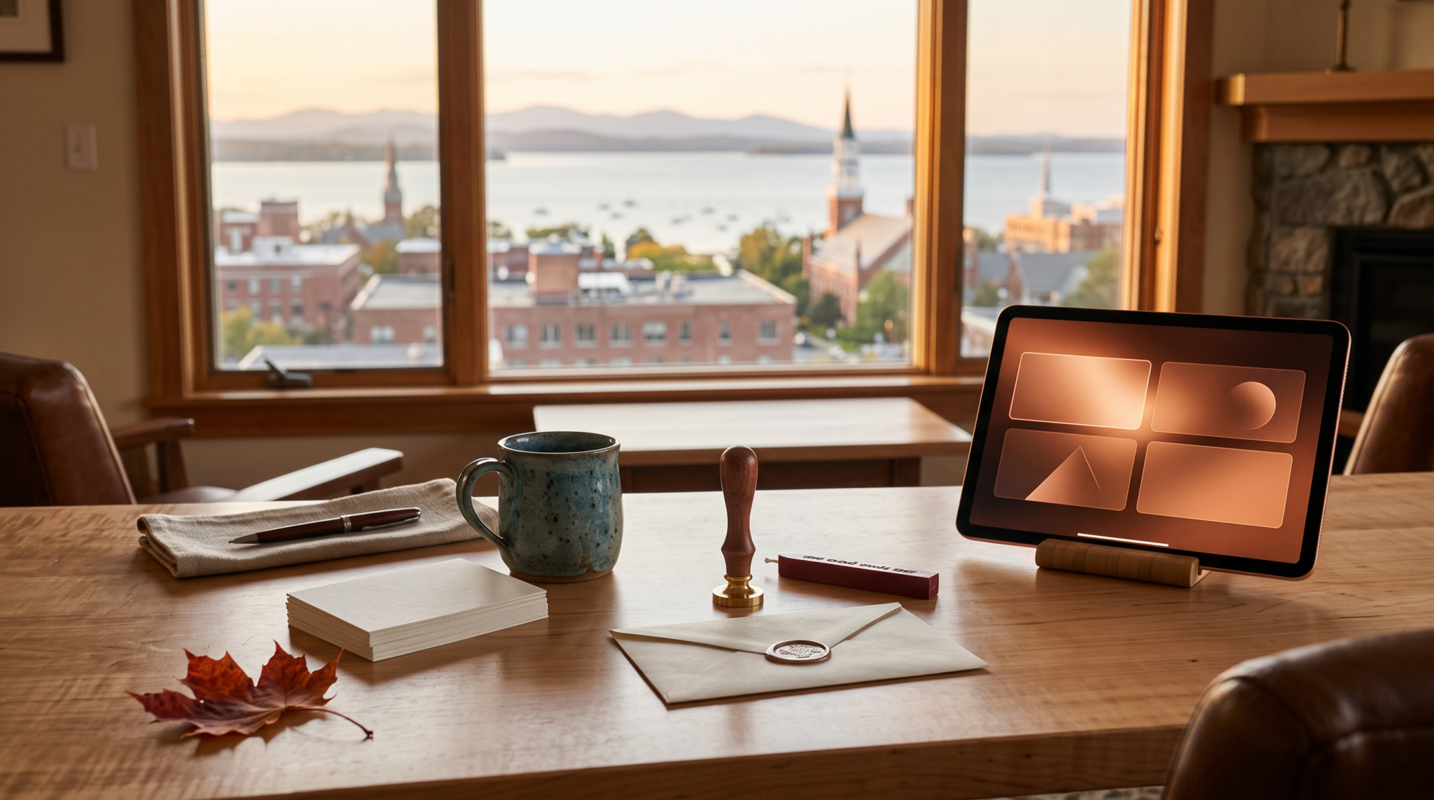 AI consultant personal brand for executives workspace with wax seal and lakefront skyline view