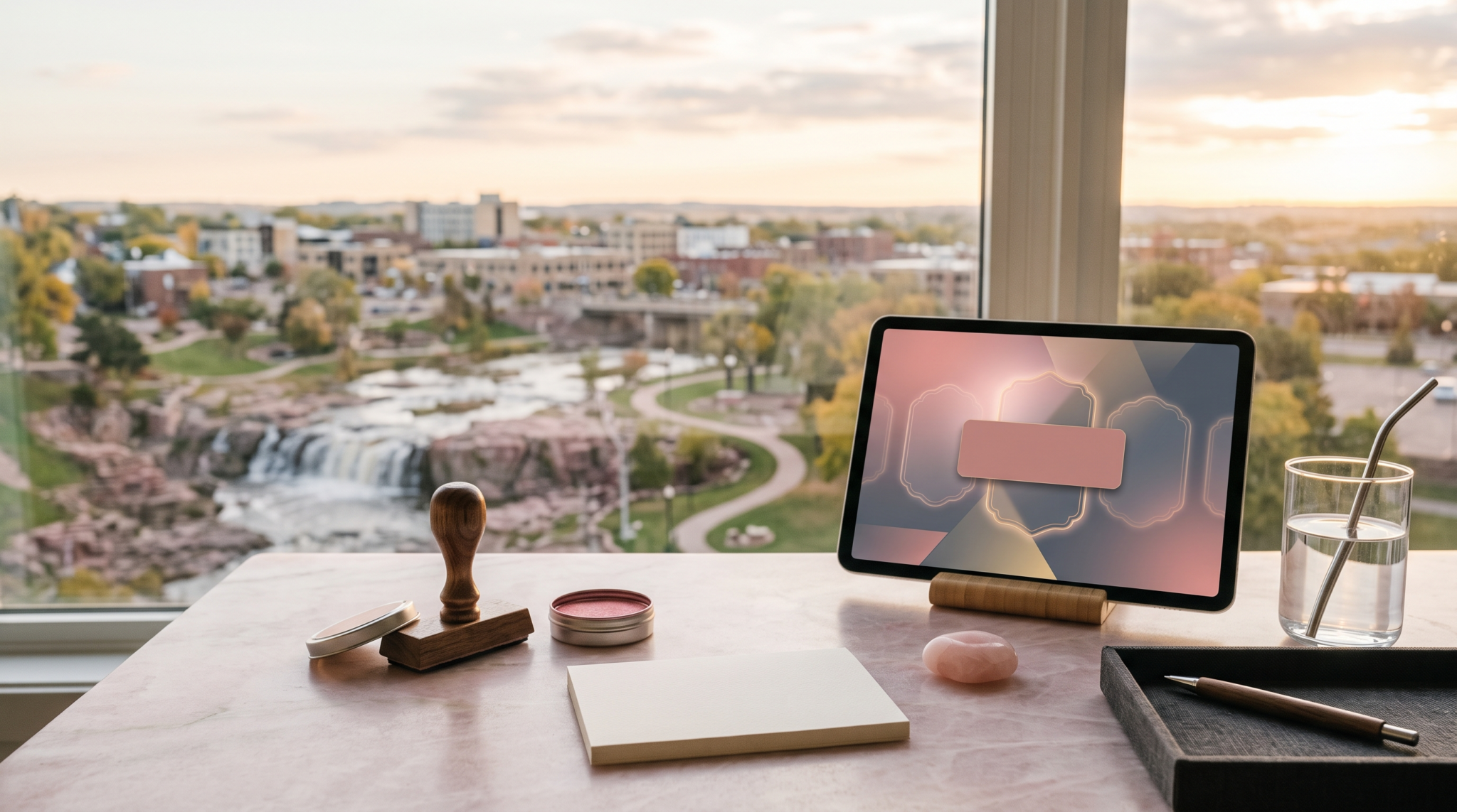 AI consultant title strategy from corporate to founder workspace with rubber stamp and waterfall city view