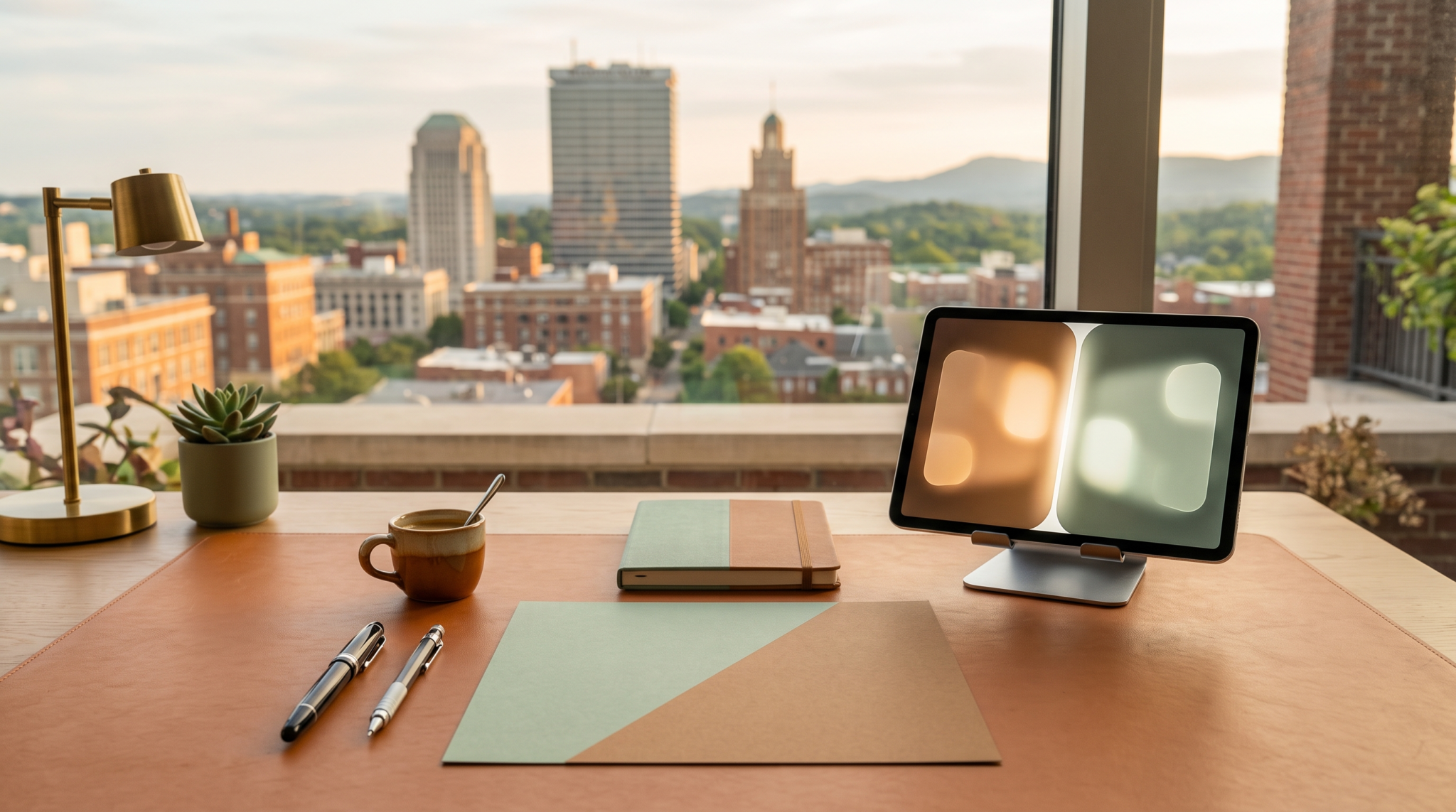 AI consultant vs AI advisor difference workspace with two-tone card and twin-city skyline view