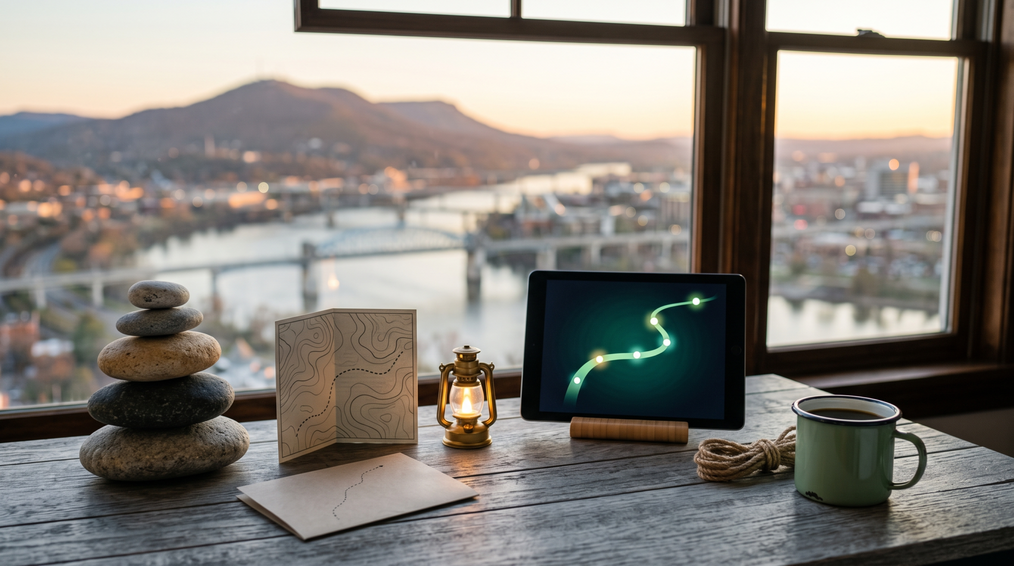 AI consulting before you quit roadmap workspace with stacked stone cairn and river valley skyline