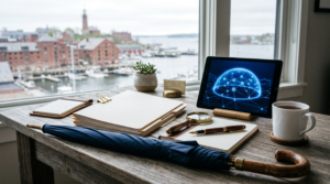 Ai consulting business insurance requirements workspace with coverage map documents and umbrella motif