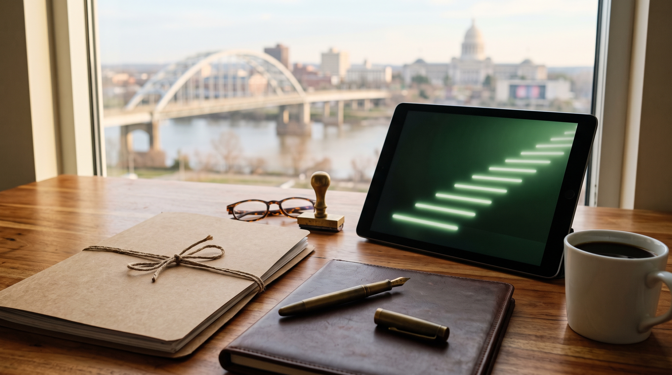 Ai consulting business sba loan workspace with application folder and brass pen