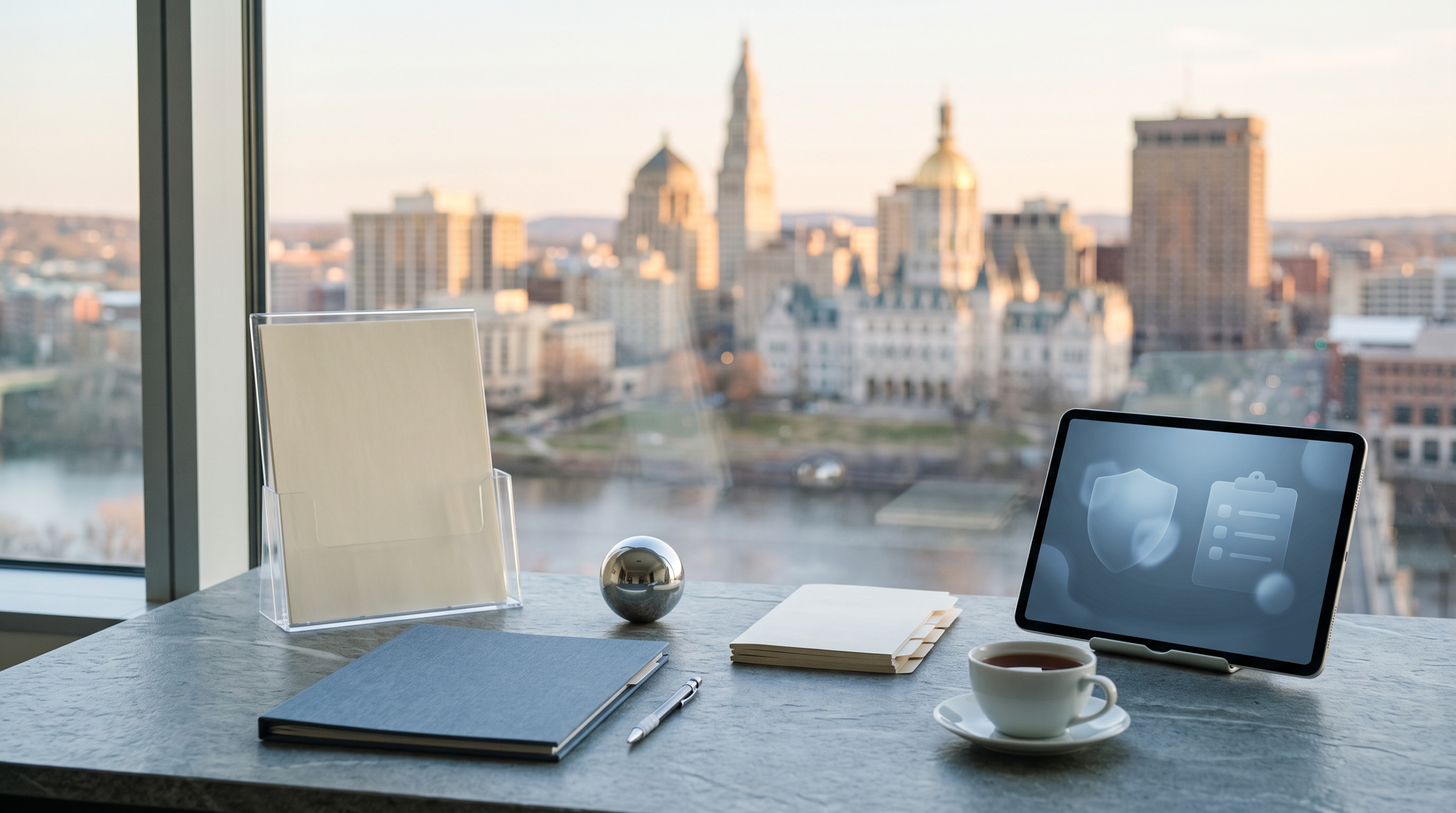 AI consulting career pivot for in house counsels workspace with compliance materials and skyline view