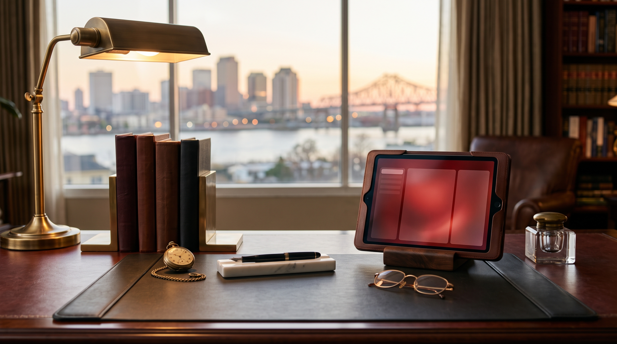 AI consulting career pivot for lawyers workspace with legal desk props and skyline view