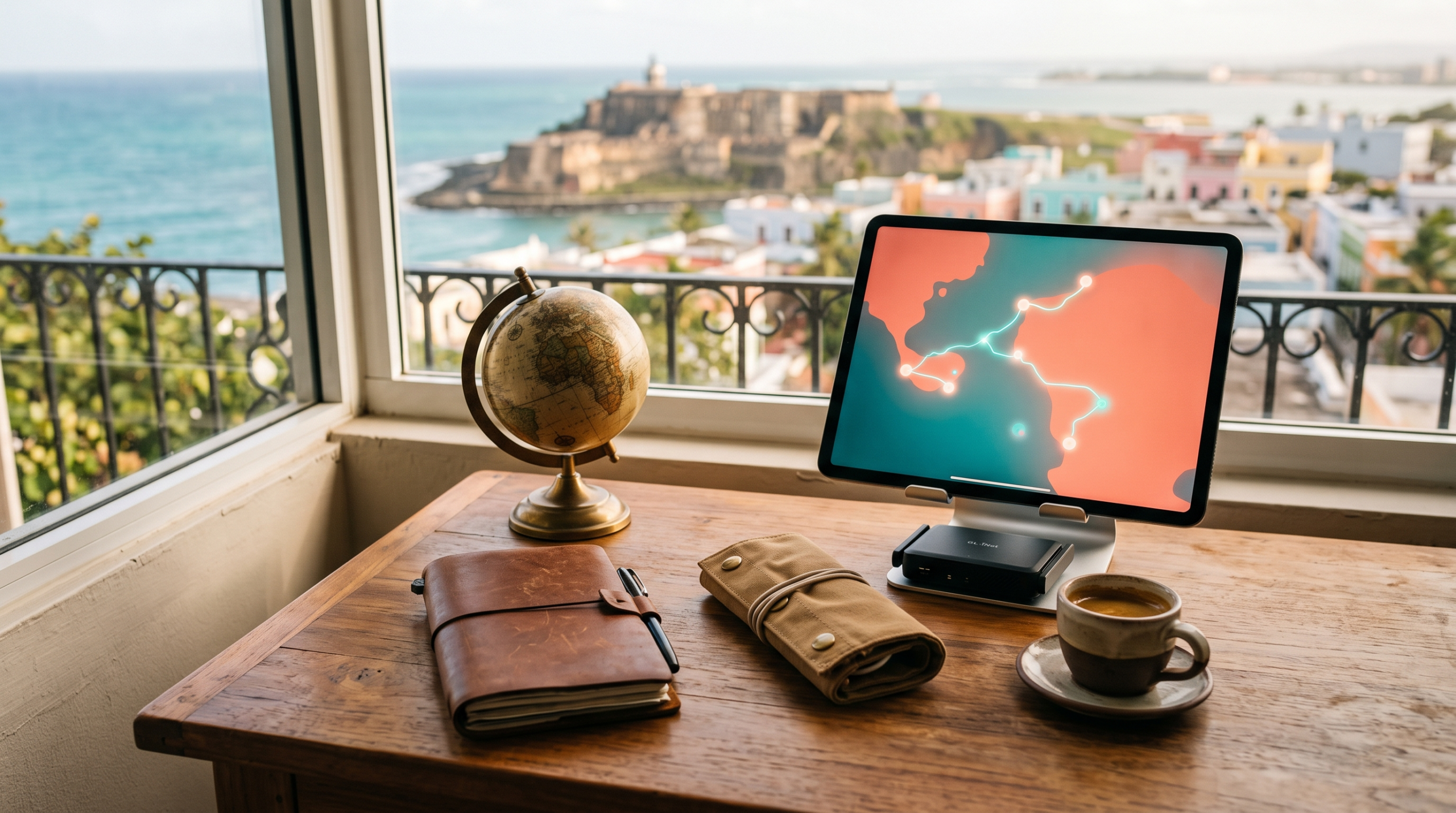 Ai consulting for digital nomads workspace with passport journal and packed travel desk