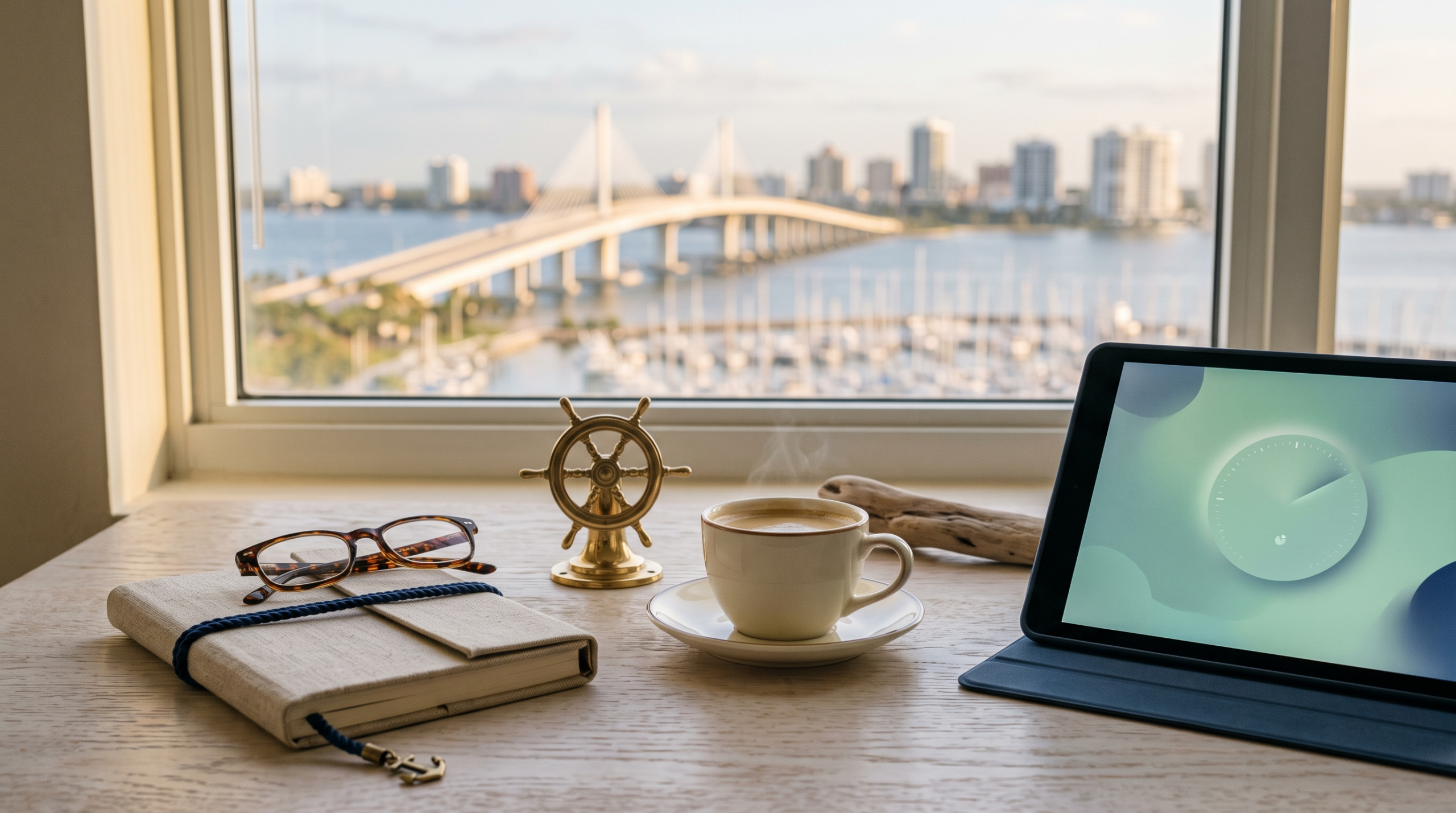 Ai consulting for early retirees workspace with unhurried morning light and open sailing-club journal