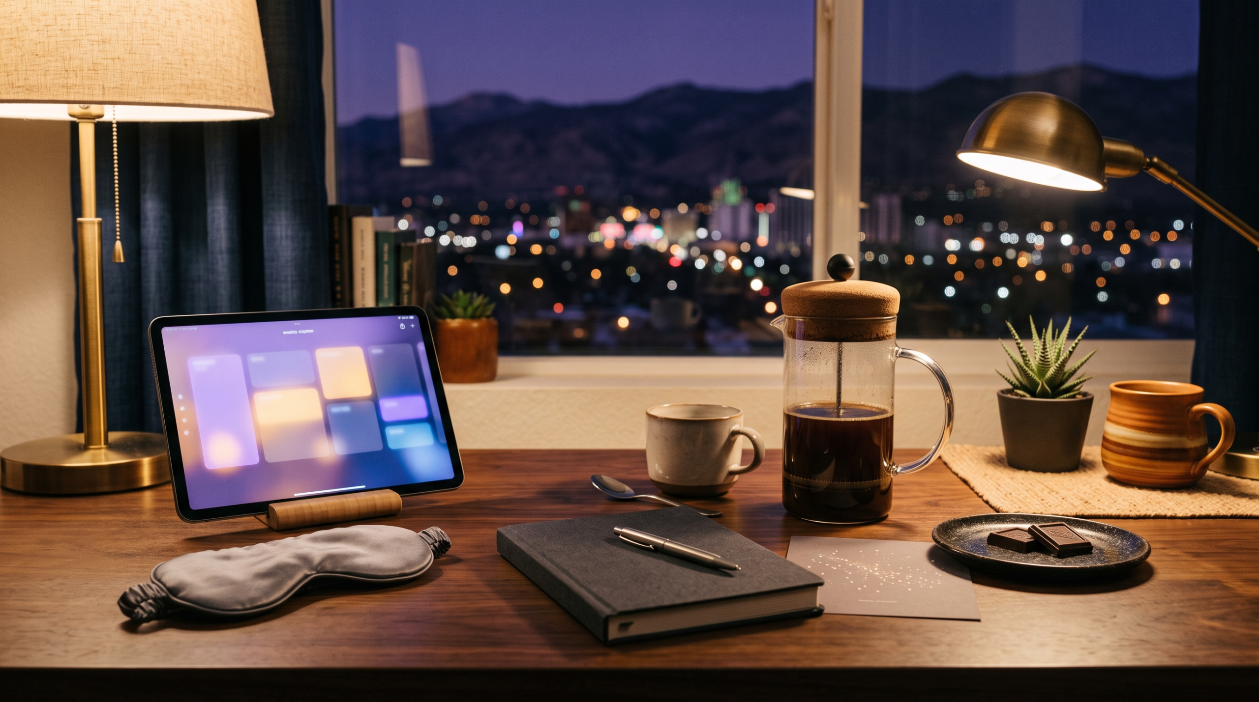 AI consulting nights and weekends realistic schedule workspace with evening lamp and night skyline view