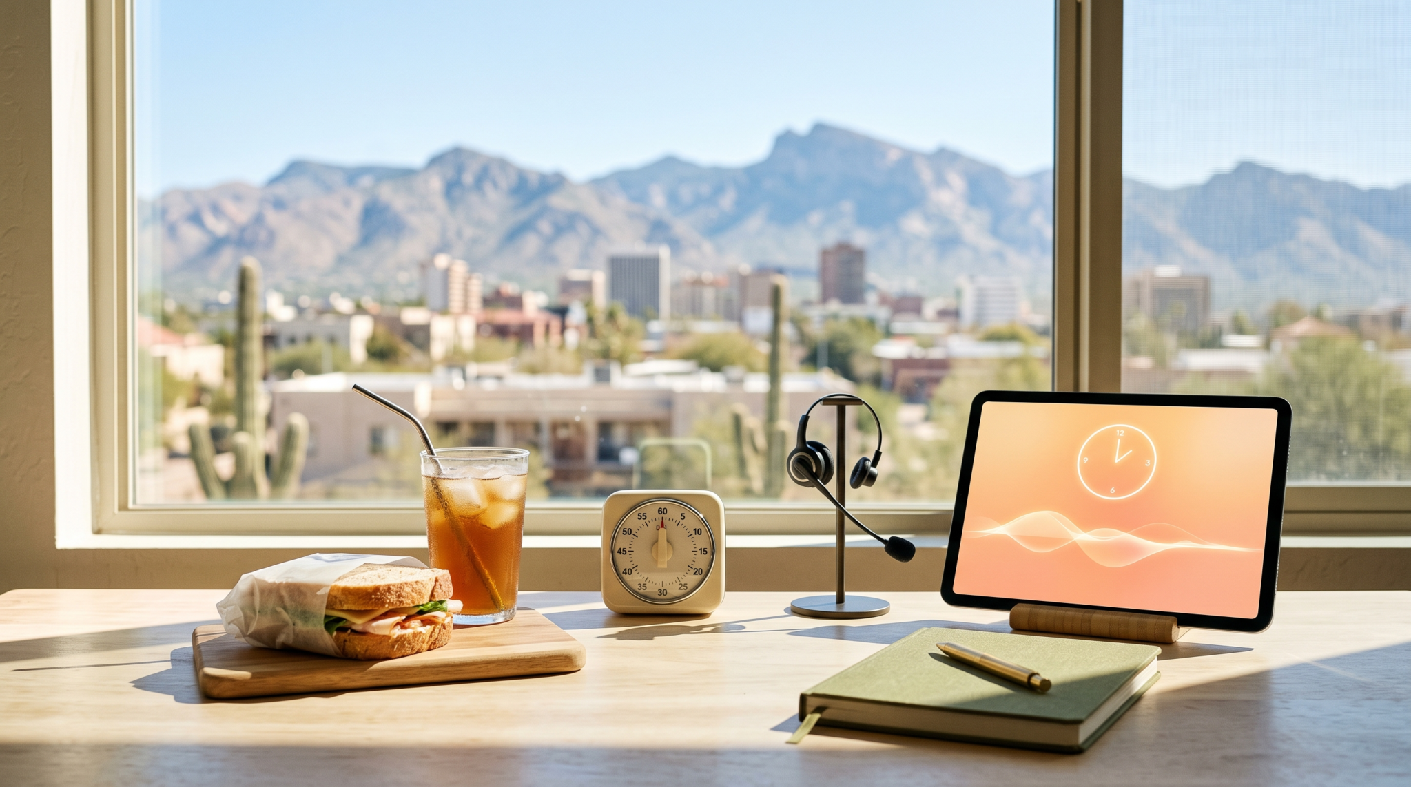 AI consulting on lunch breaks workspace with midday light and desert skyline view