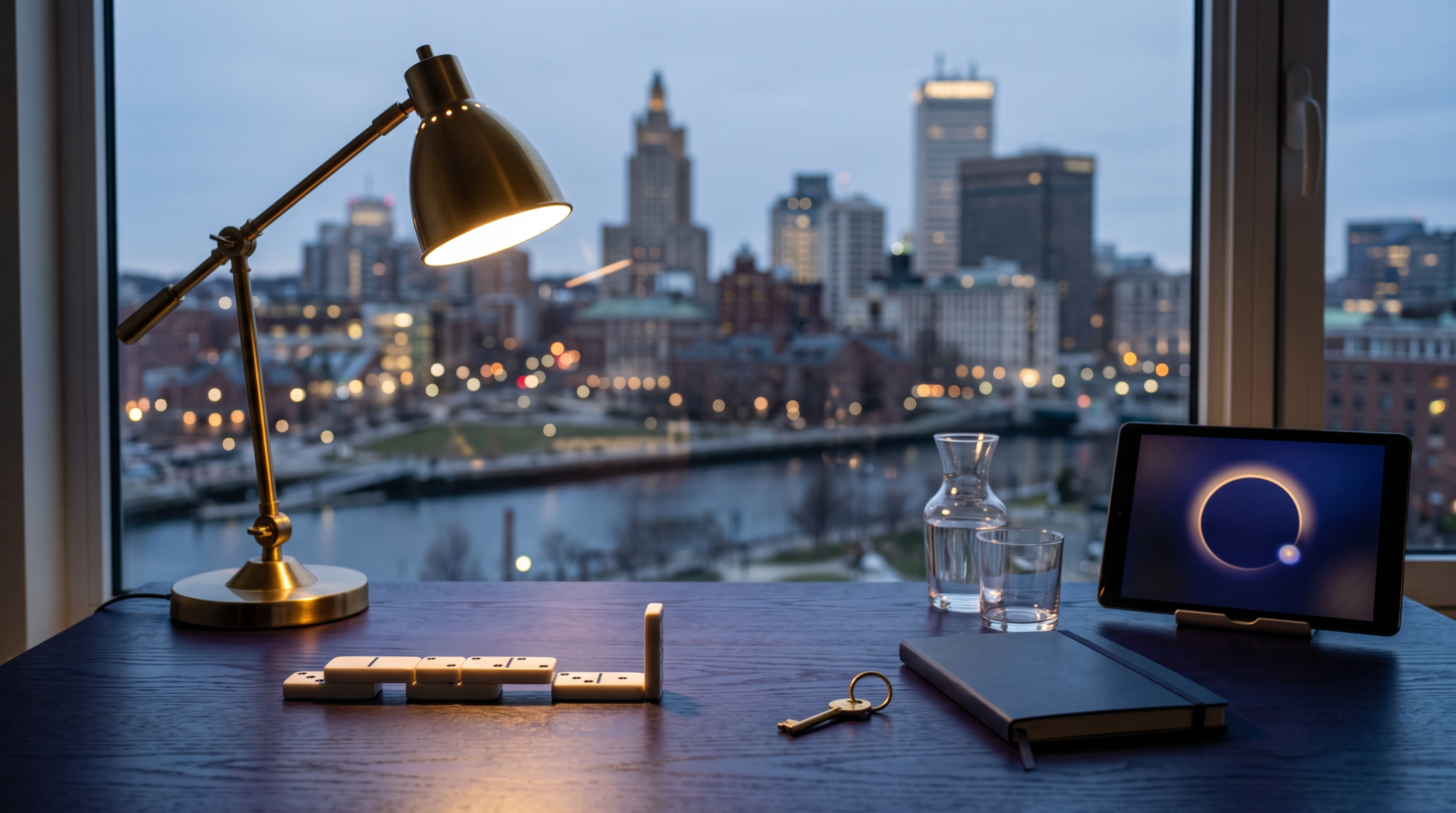 AI consulting one client at a time while employed workspace with single standing domino and skyline view