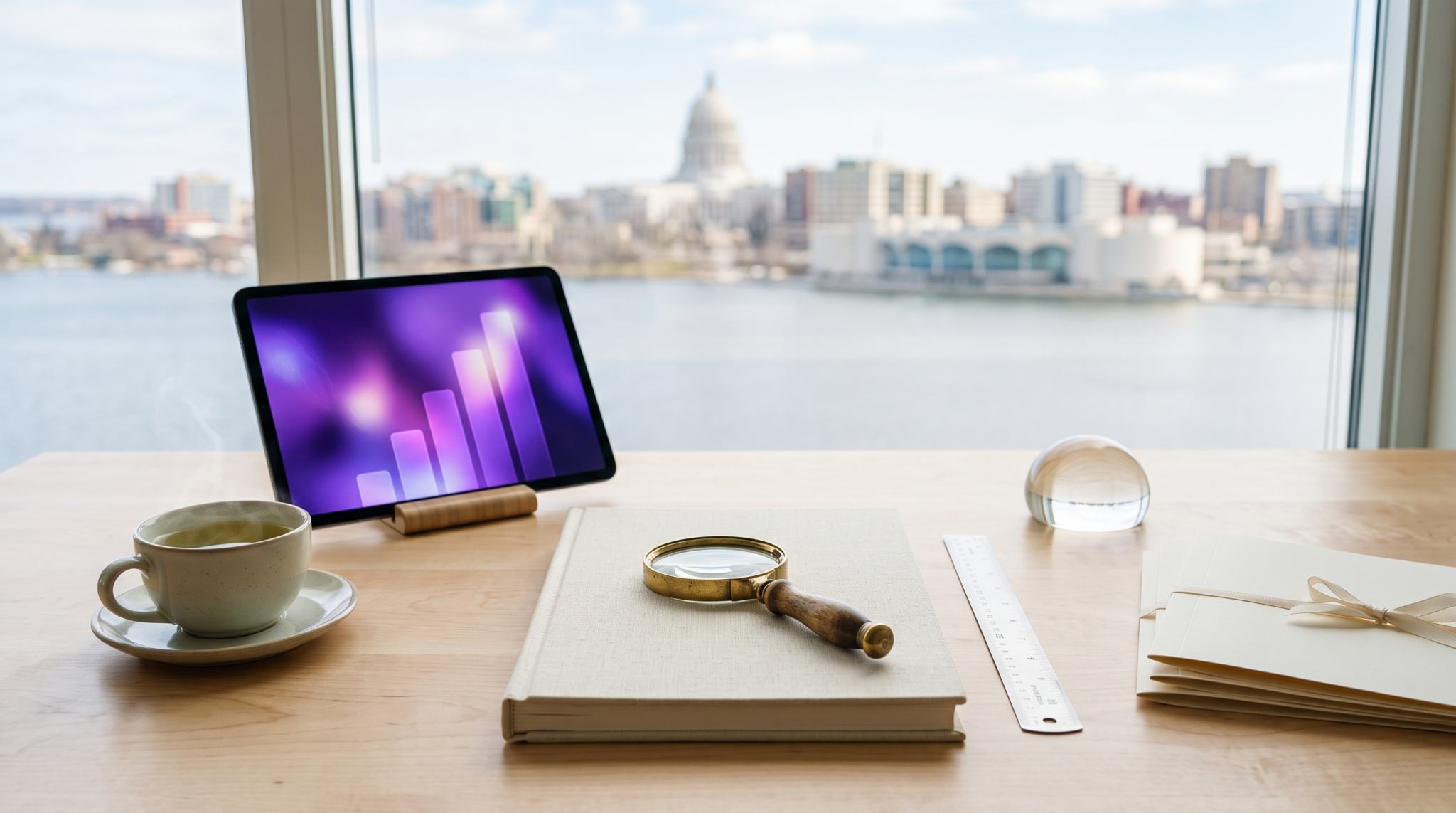 Ai consulting revenue multiples for acquisition workspace with valuation ledger and brass scale