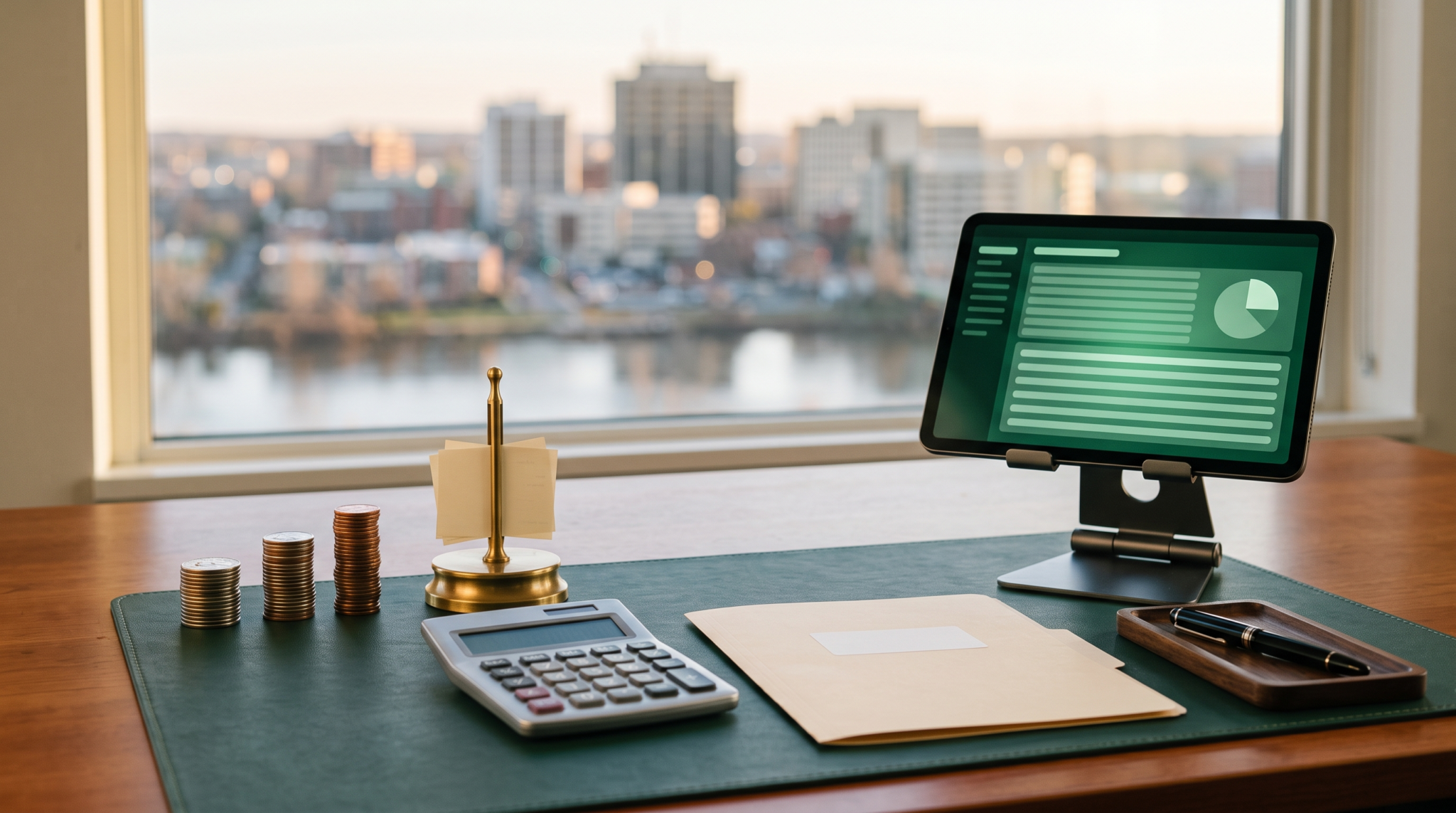 AI consulting side hustle tax implications workspace with coin stacks and receipt spindle and skyline view