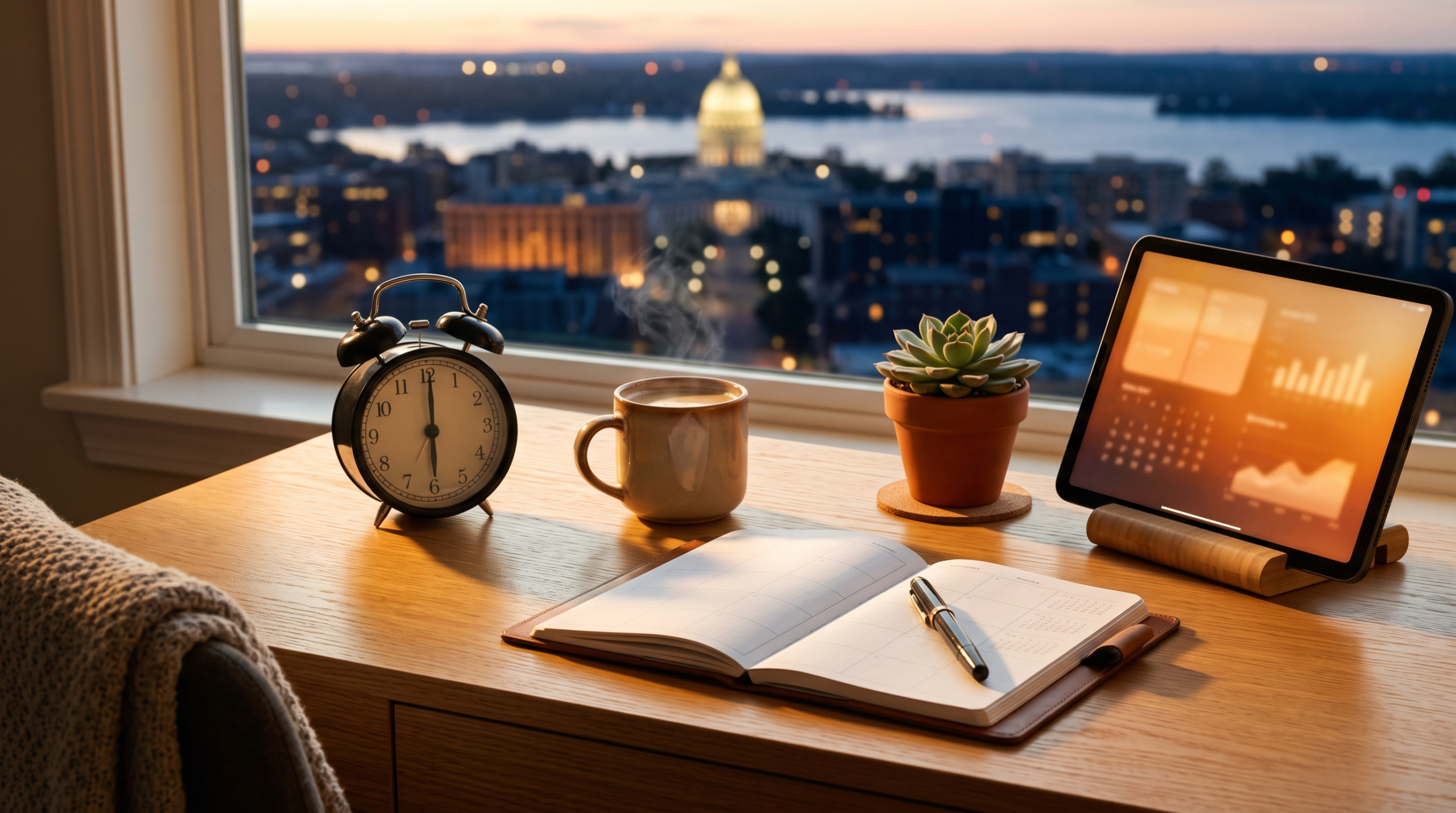 AI side hustle while working full time workspace with dawn light and weekly planner