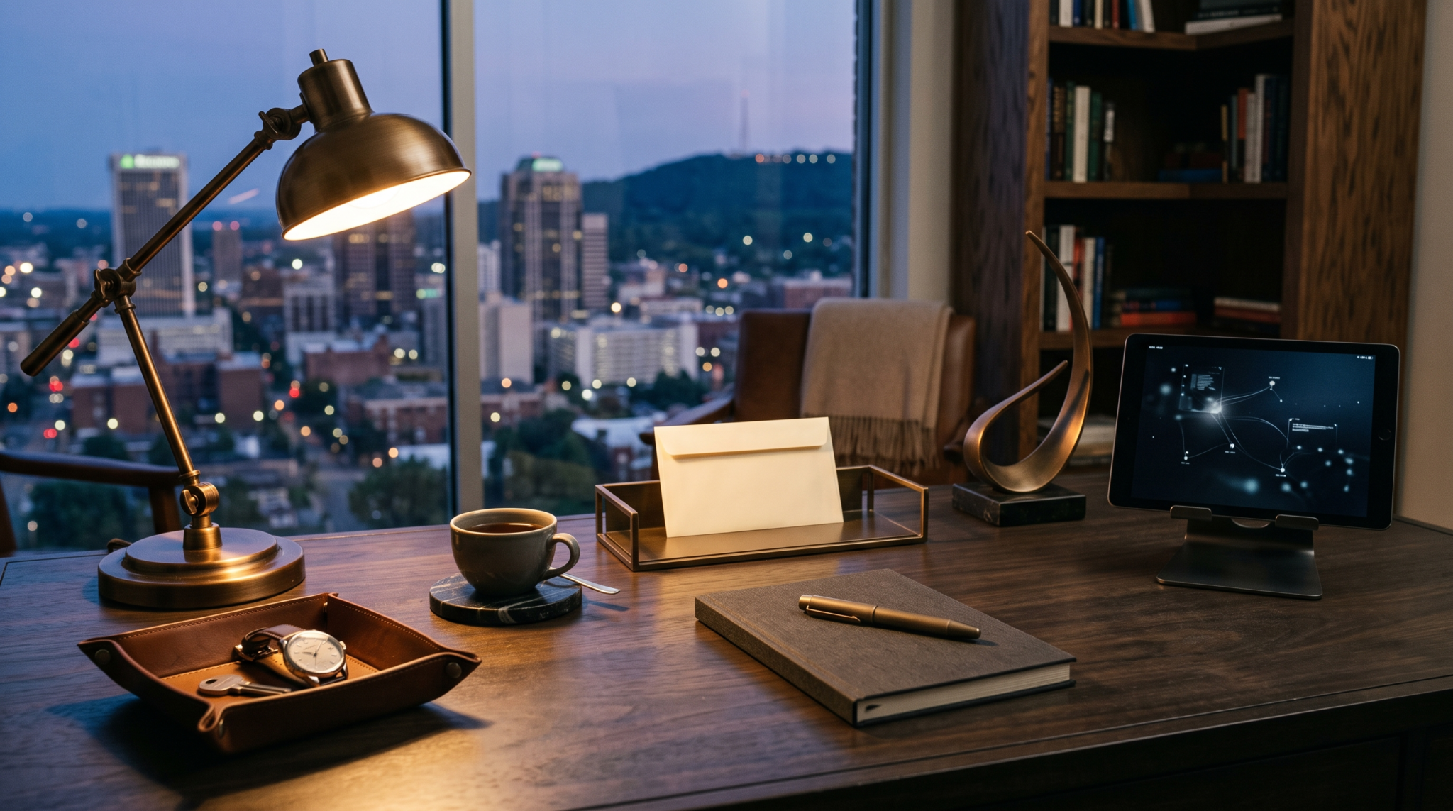 AI side income for senior corporate professionals workspace with executive desk props and skyline view