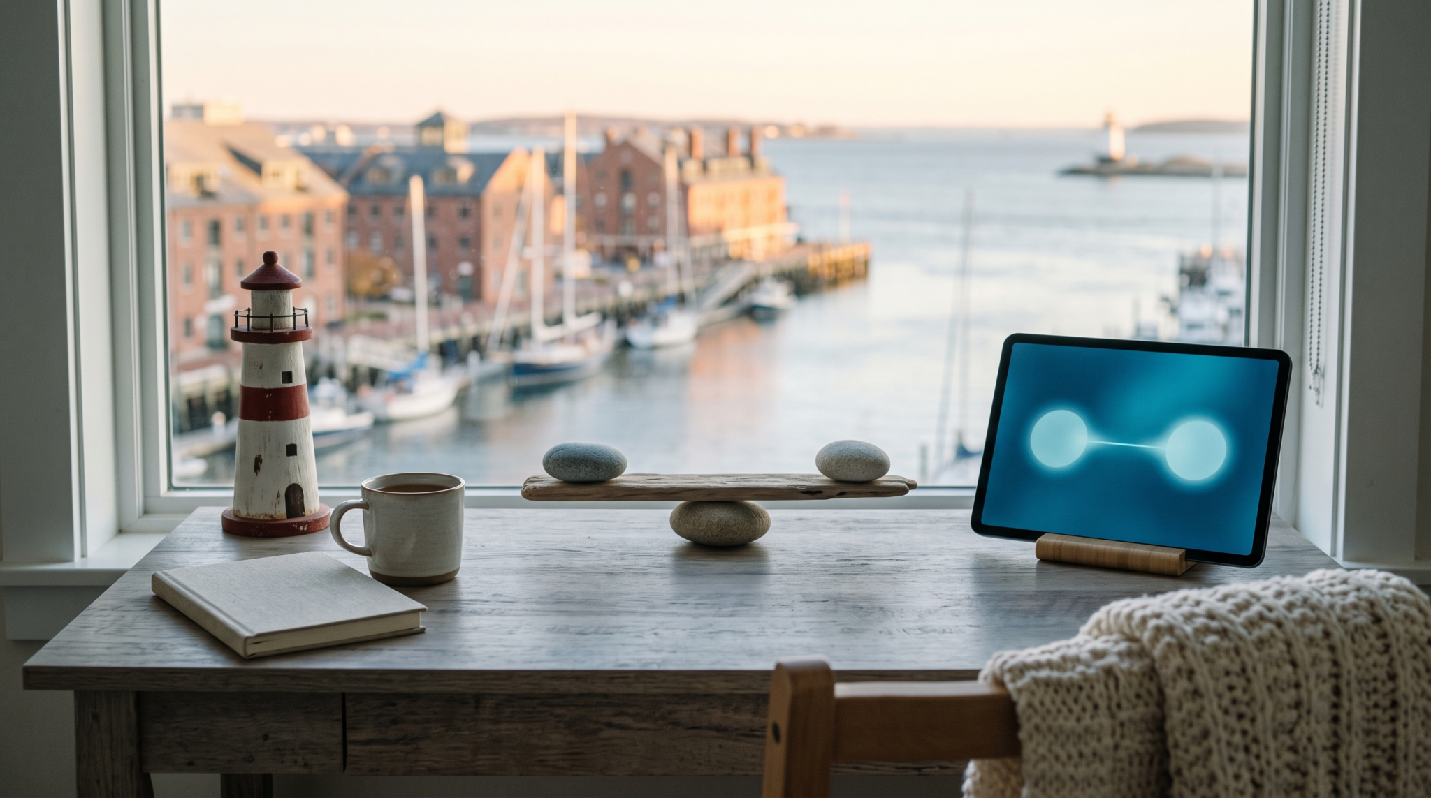 Balancing corporate job and AI agency workspace with balanced stones and harbor skyline view