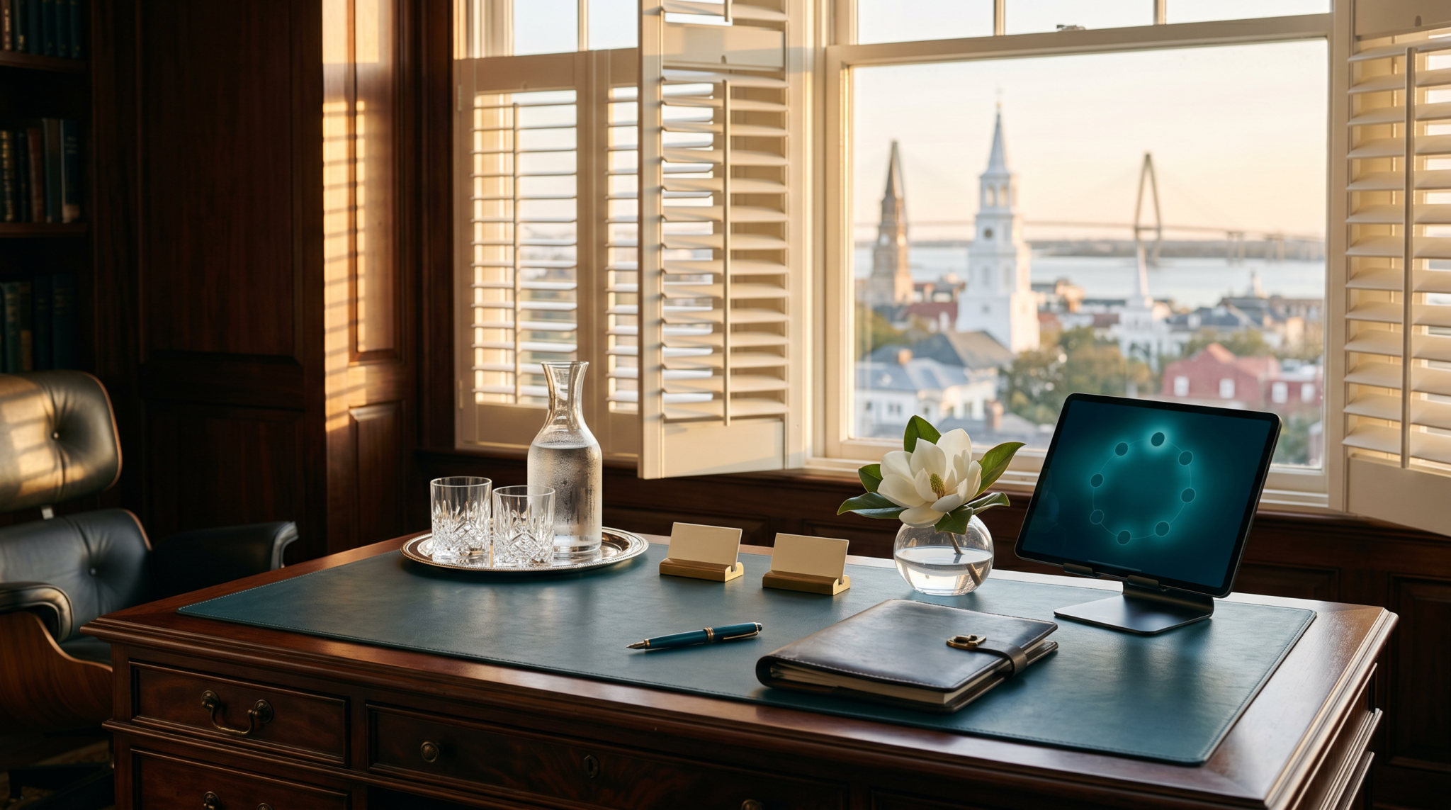 Board advisor AI roles for former executives workspace with leather blotter and harbor skyline view