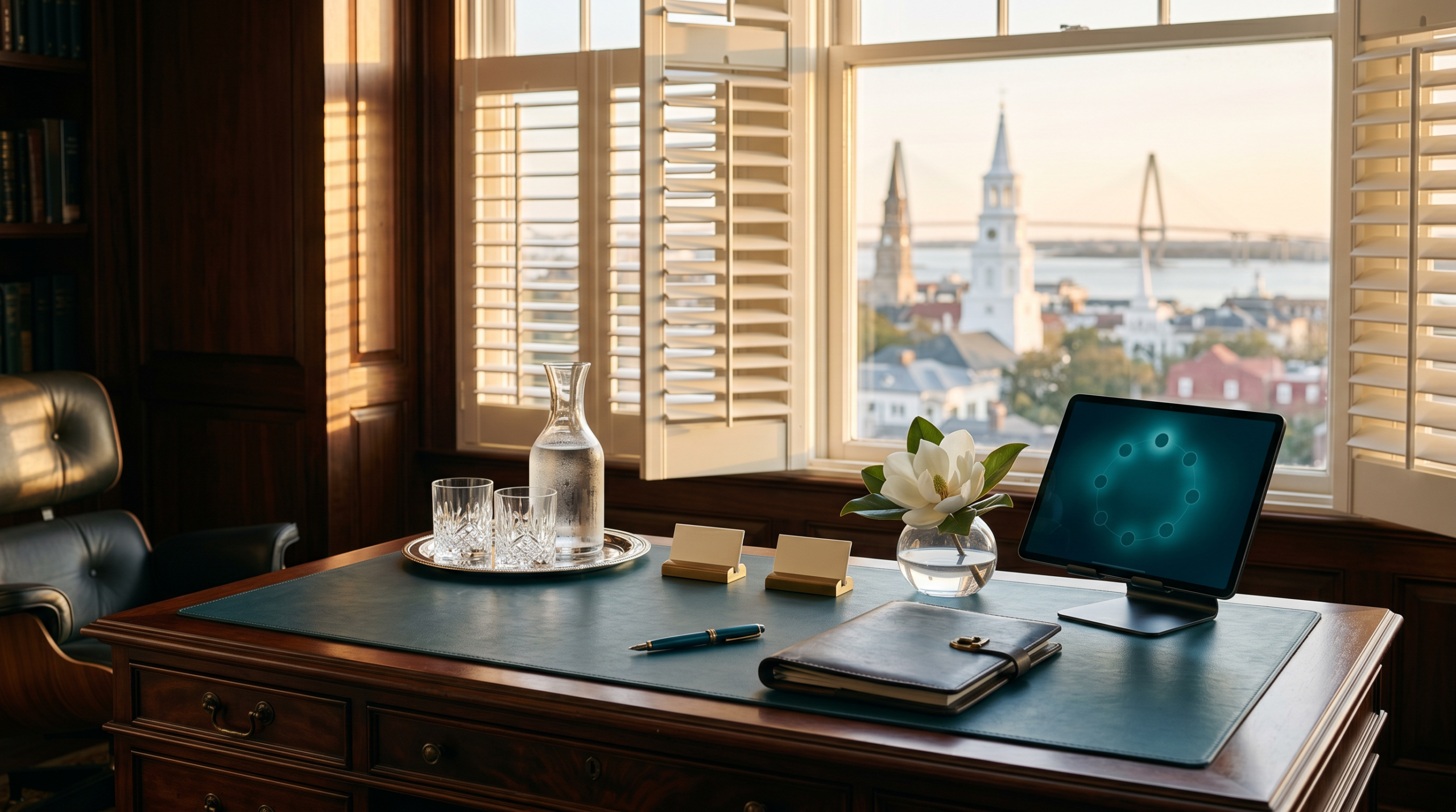 Board advisor AI roles for former executives workspace with leather blotter and harbor skyline view