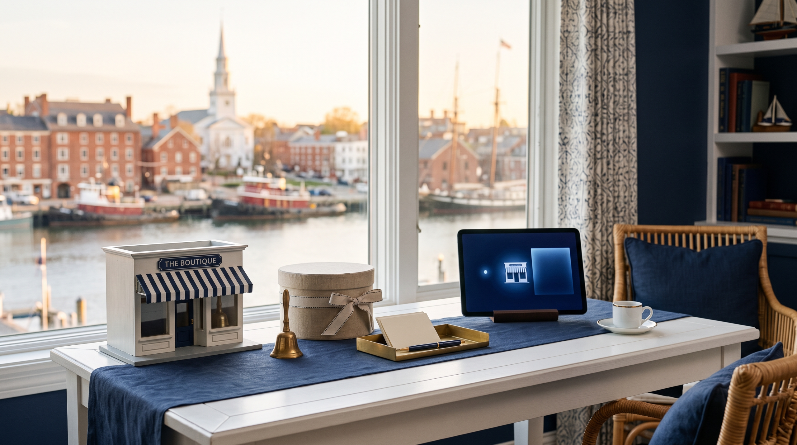 Boutique AI consulting firm positioning workspace with striped awning storefront miniature and harbor town view