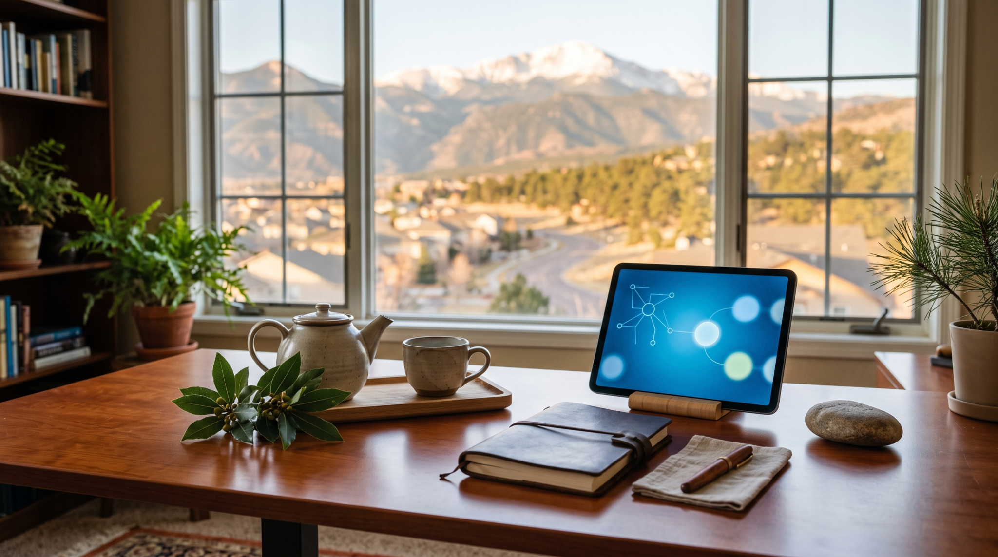 Executive coach to AI consultant pivot workspace with teapot and laurel sprig and mountain skyline view