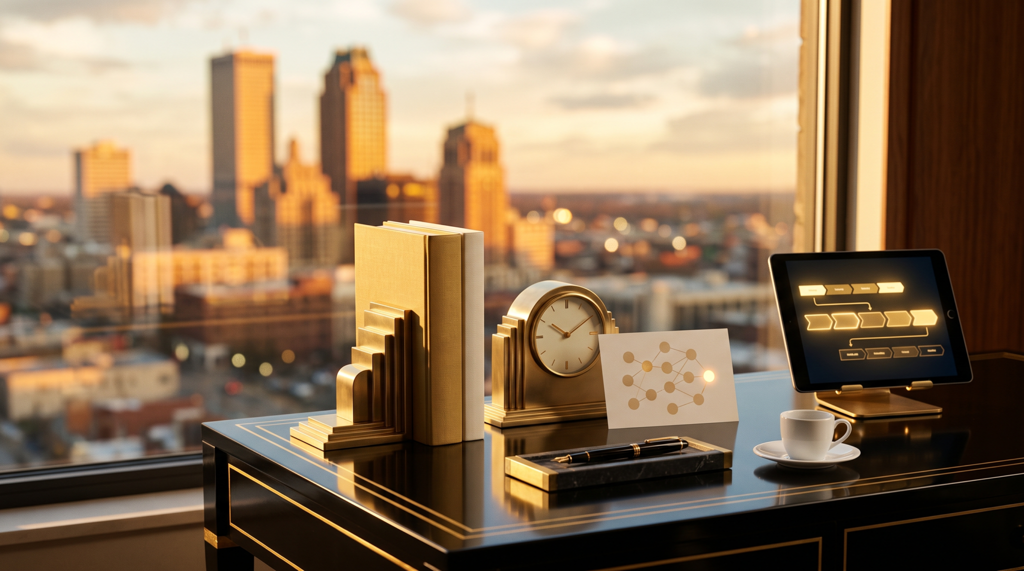 Fractional chief AI officer business model 2026 workspace with art deco desk props and skyline view