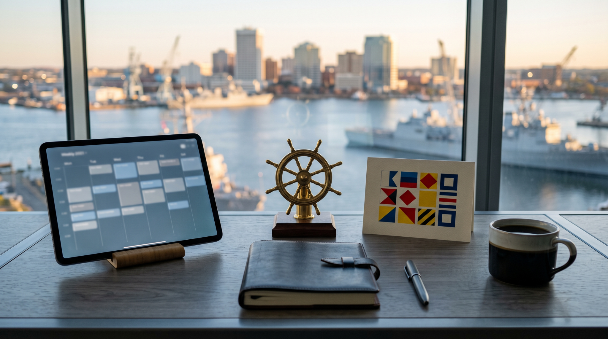 From senior director to AI agency owner workspace with ship's wheel and harbor skyline view