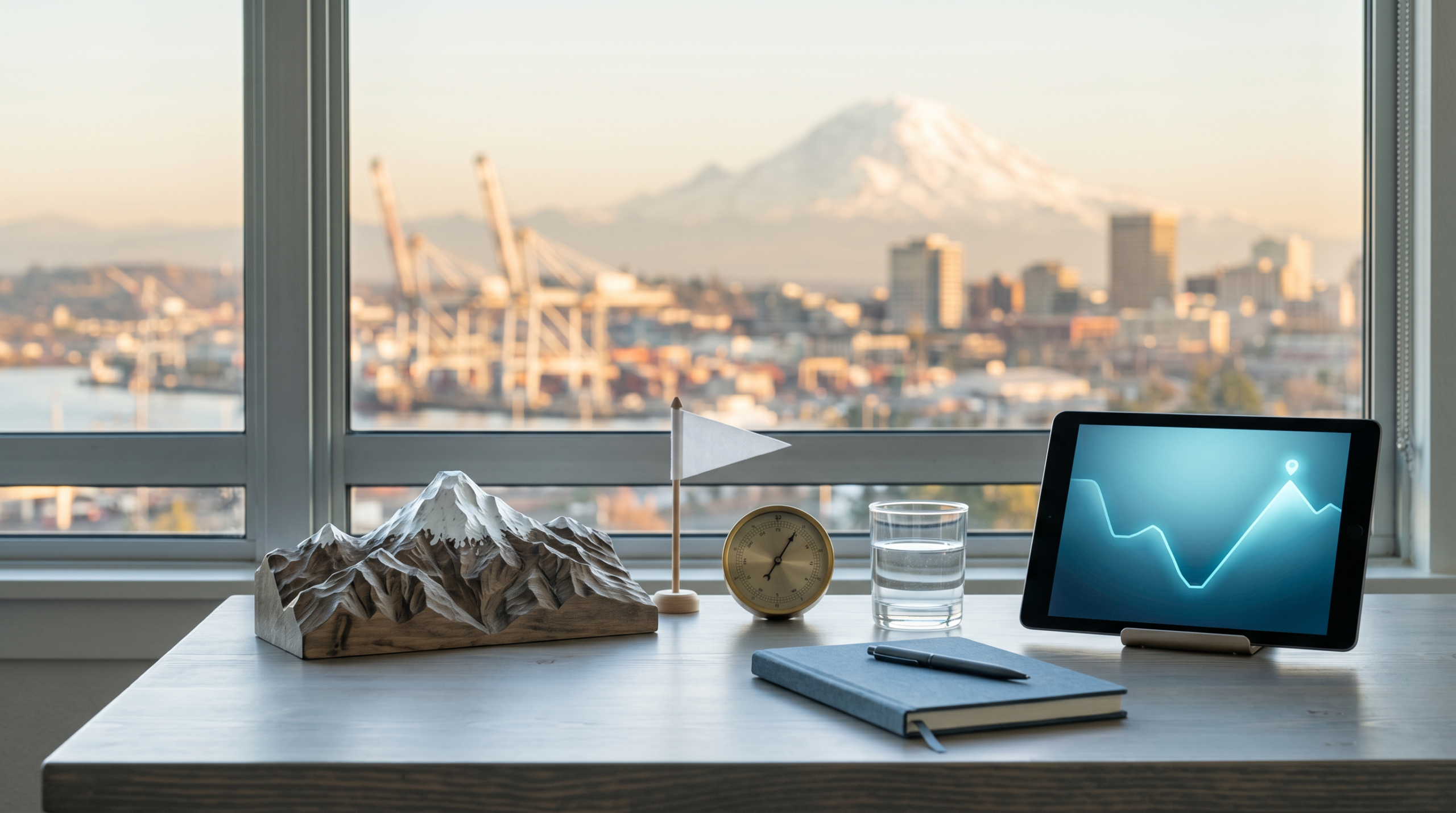 From VP to founder AI consulting playbook workspace with mountain sculpture and Rainier skyline view