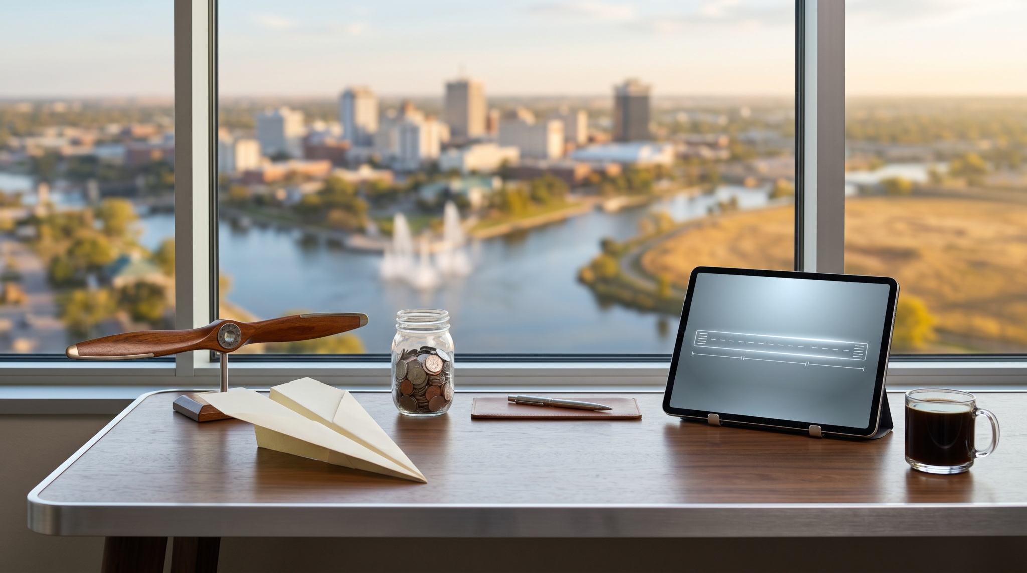 How much runway needed to start AI consulting workspace with wooden propeller and coin jar and plains skyline view