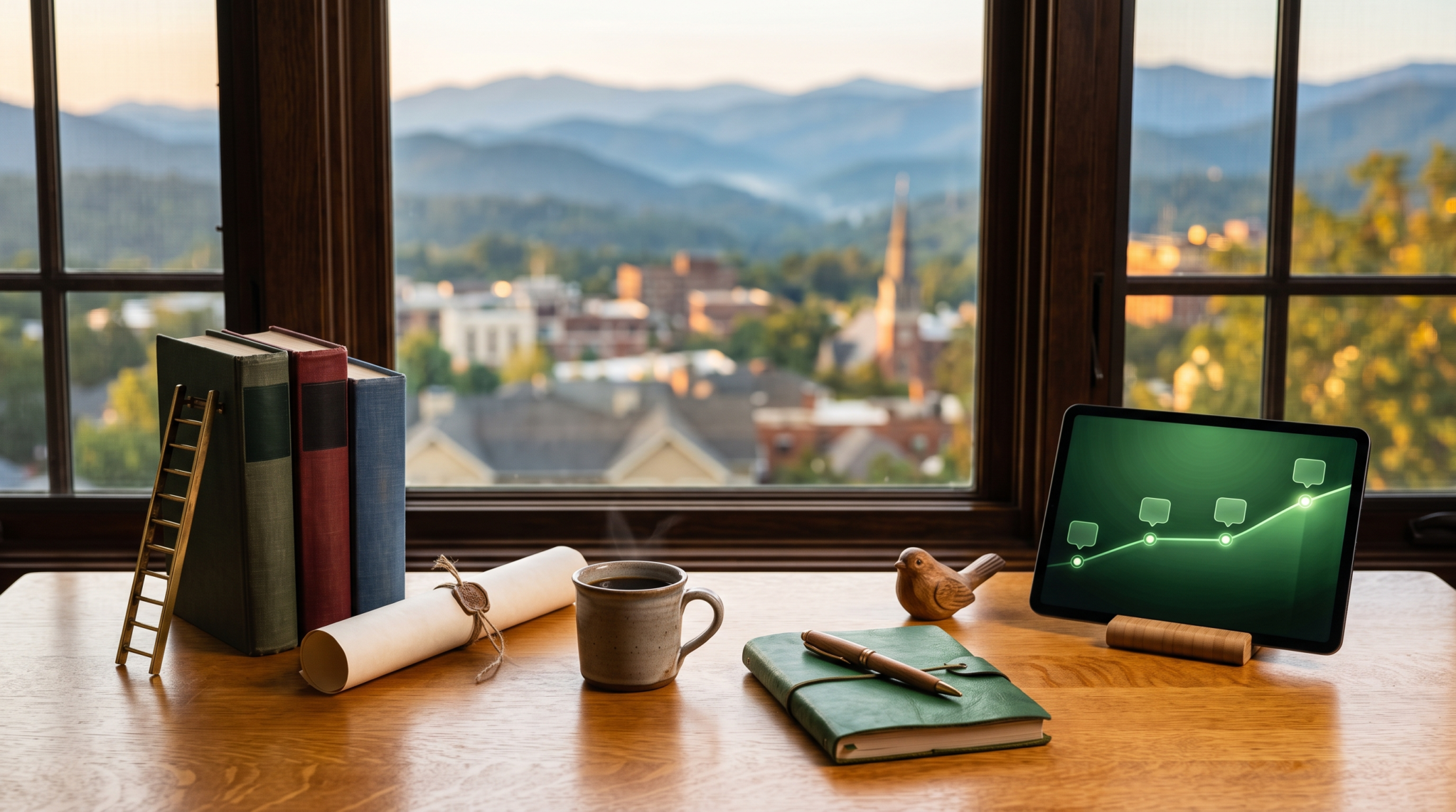How to become a fractional CAO workspace with library ladder miniature and mountain skyline view