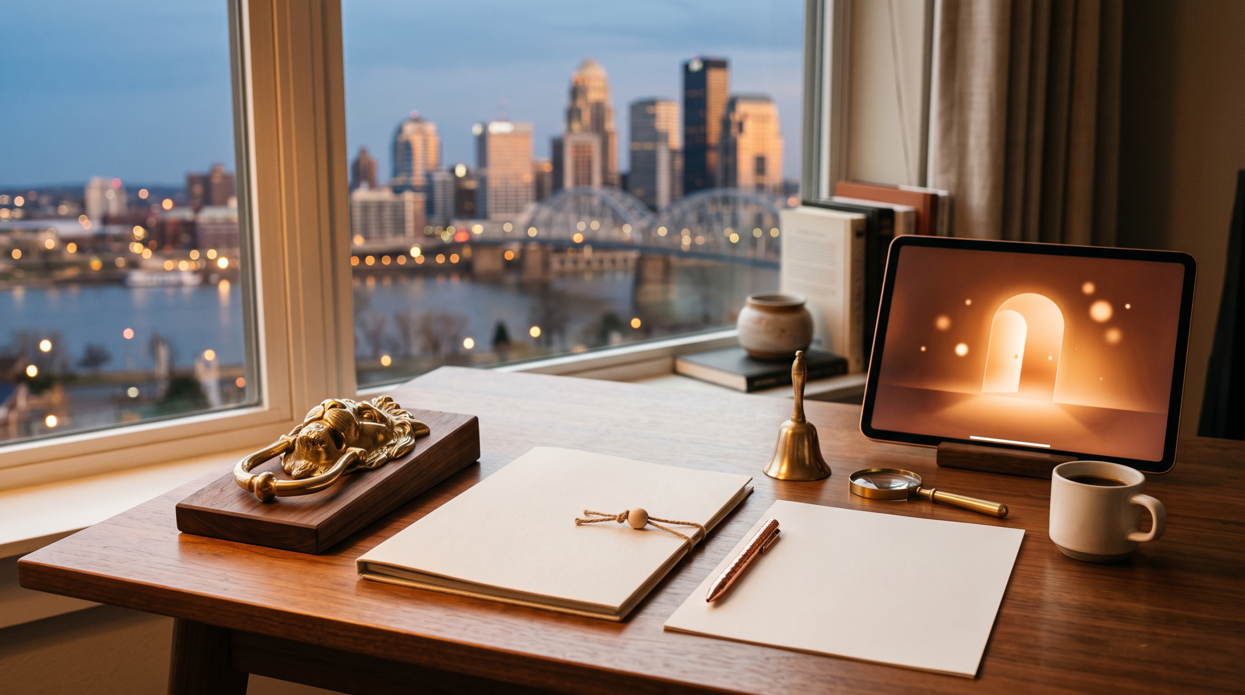 How to land first AI client without quitting your job workspace with brass door knocker and skyline view