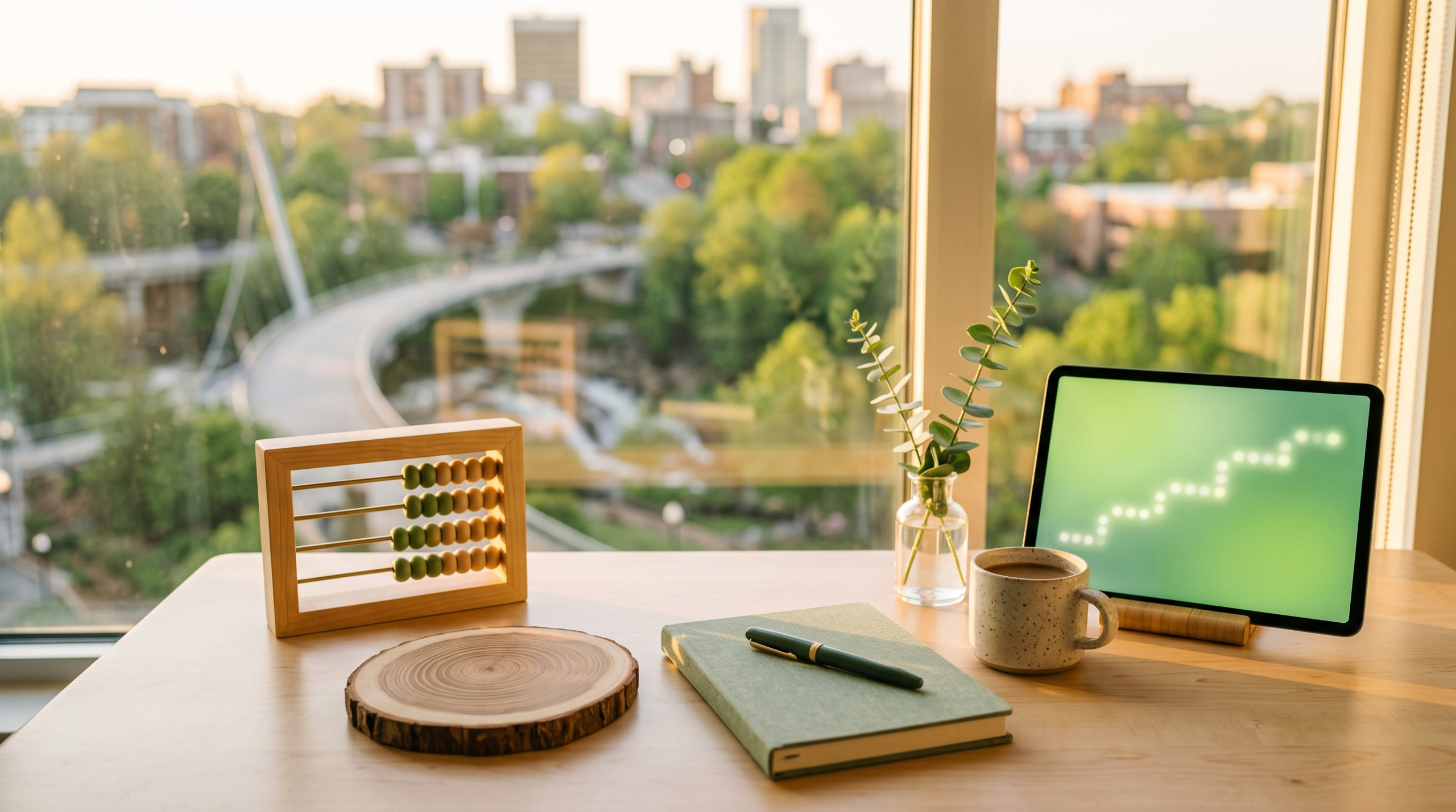 Moonlight AI consulting clients first year workspace with abacus and tree-ring wood slice and skyline view