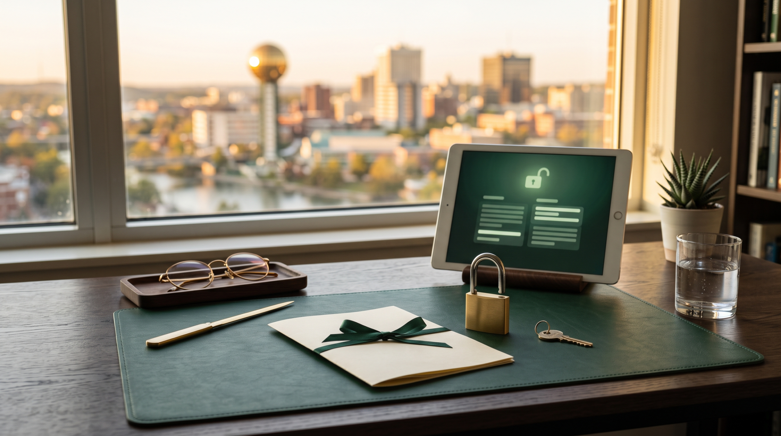 Non-compete clauses and starting an AI business workspace with open padlock and skyline view