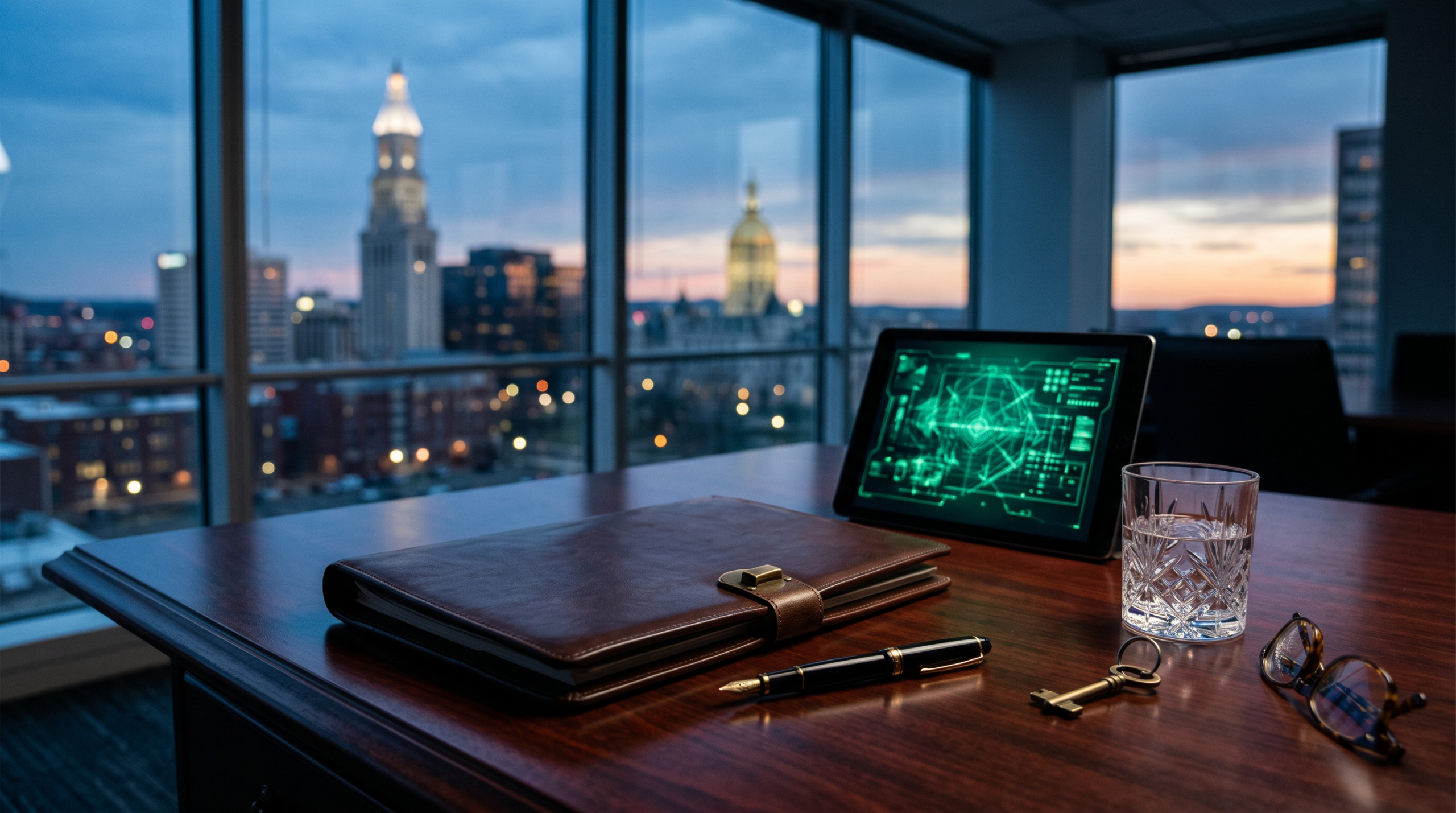 Selling ai agency to private equity workspace with term sheet folder and fountain pen