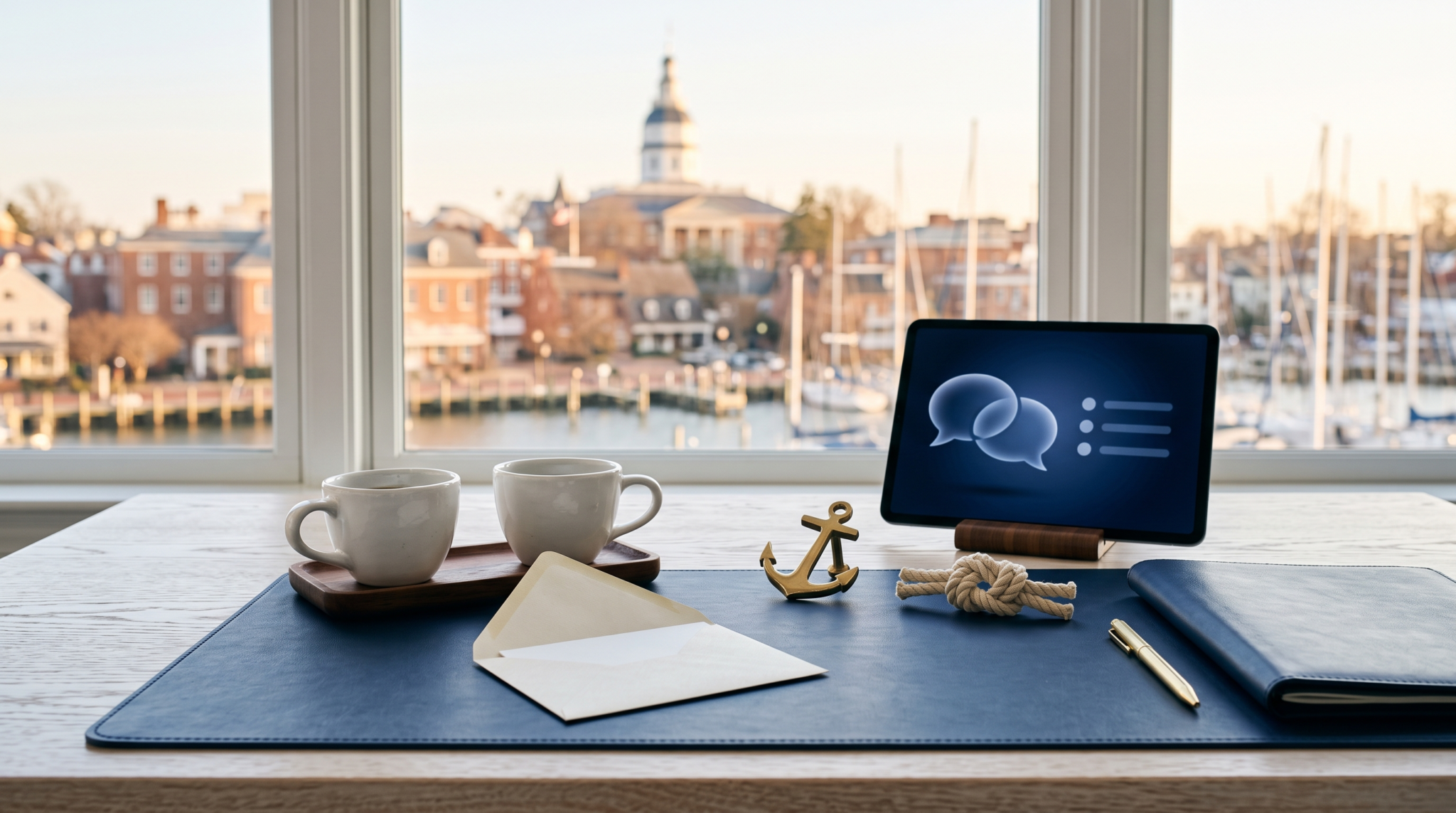 Should you tell your employer about AI side business workspace with two facing cups and harbor skyline view