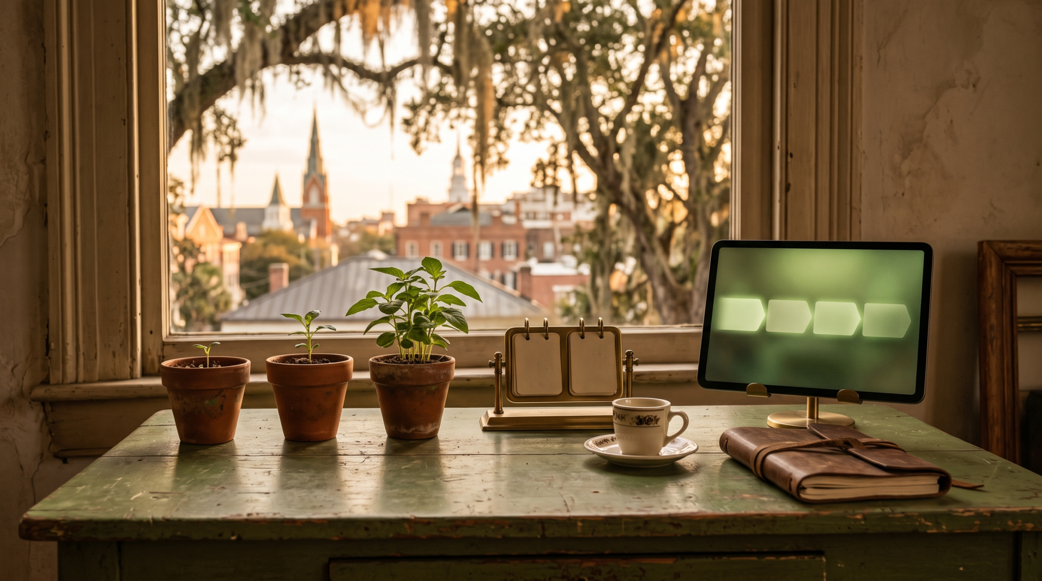 Side hustle to full time AI agency timeline workspace with growth-stage plants and historic skyline view