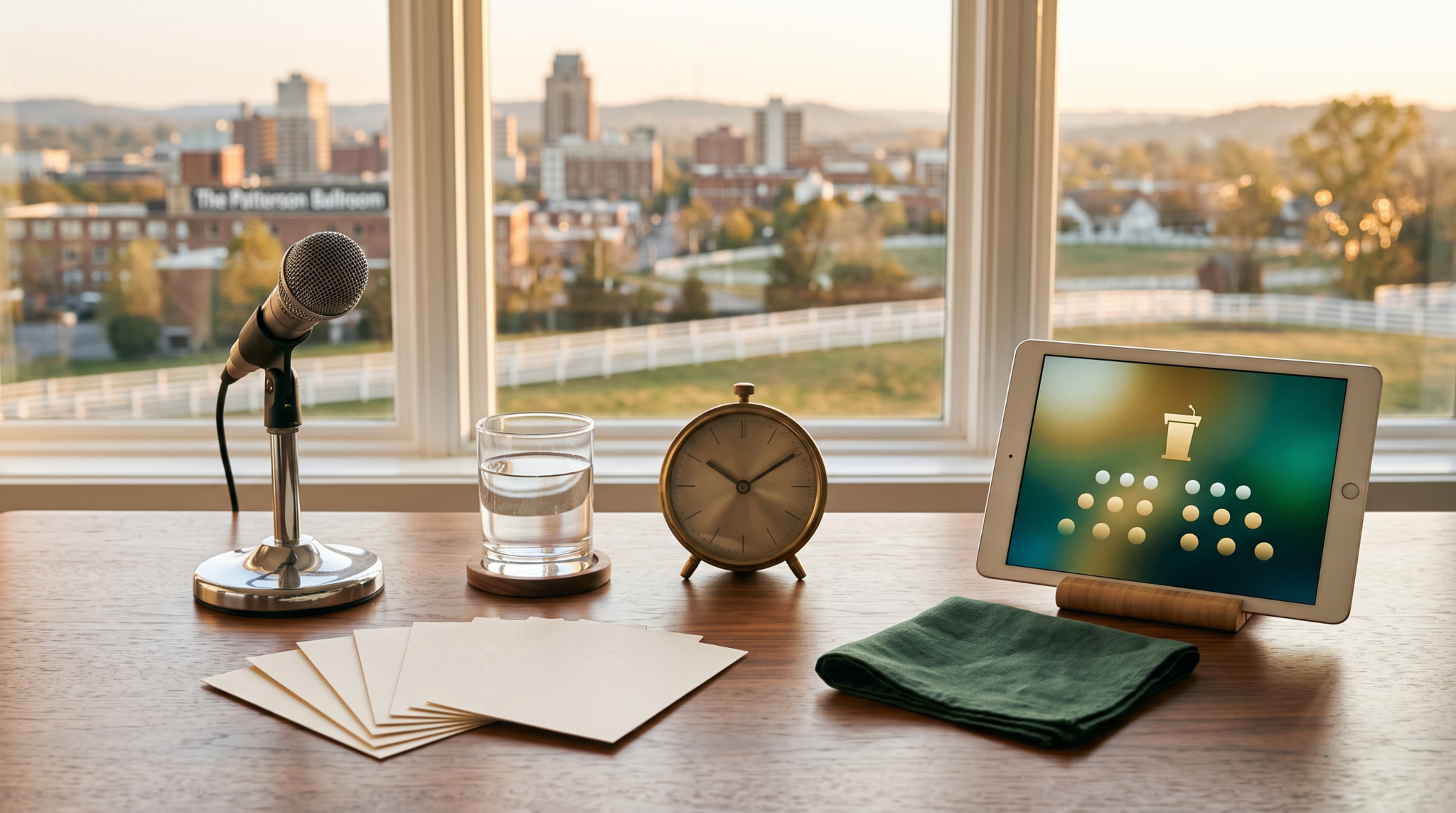 Speaking gigs for AI consultants from corporate workspace with retro microphone and bluegrass skyline view