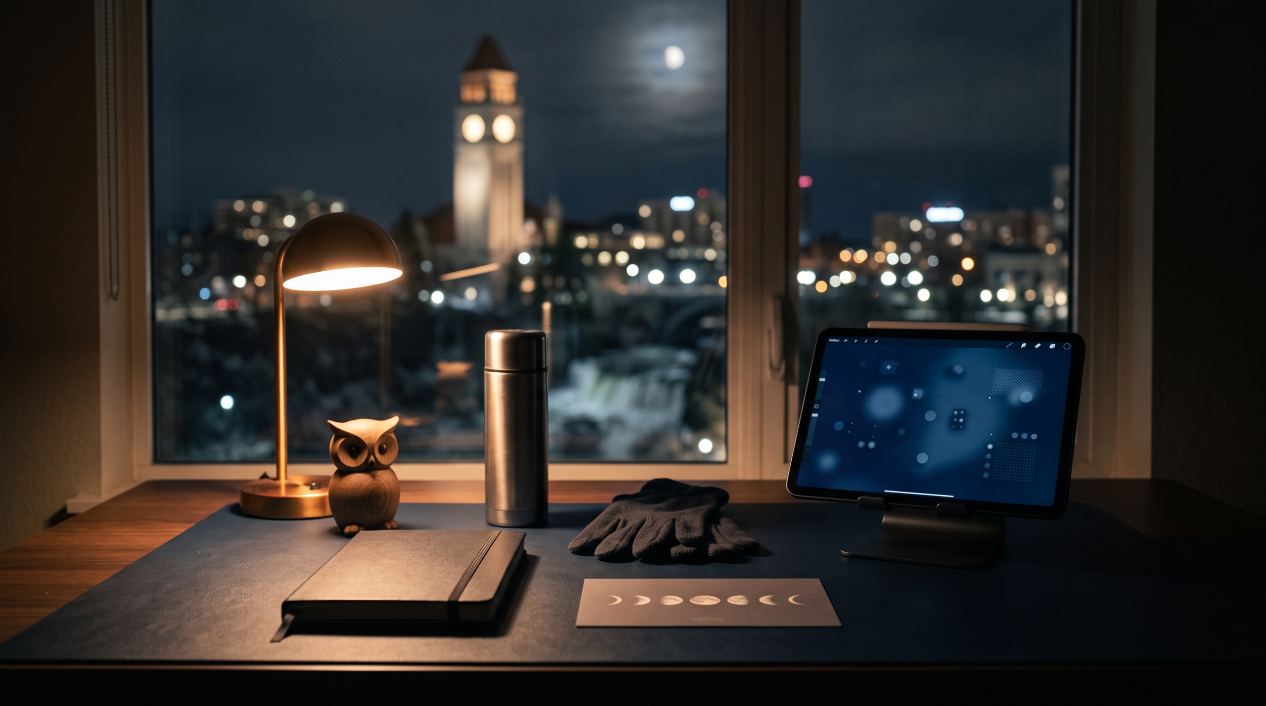 Stealth AI agency build while working at FAANG workspace at night with quiet desk lamp and skyline view