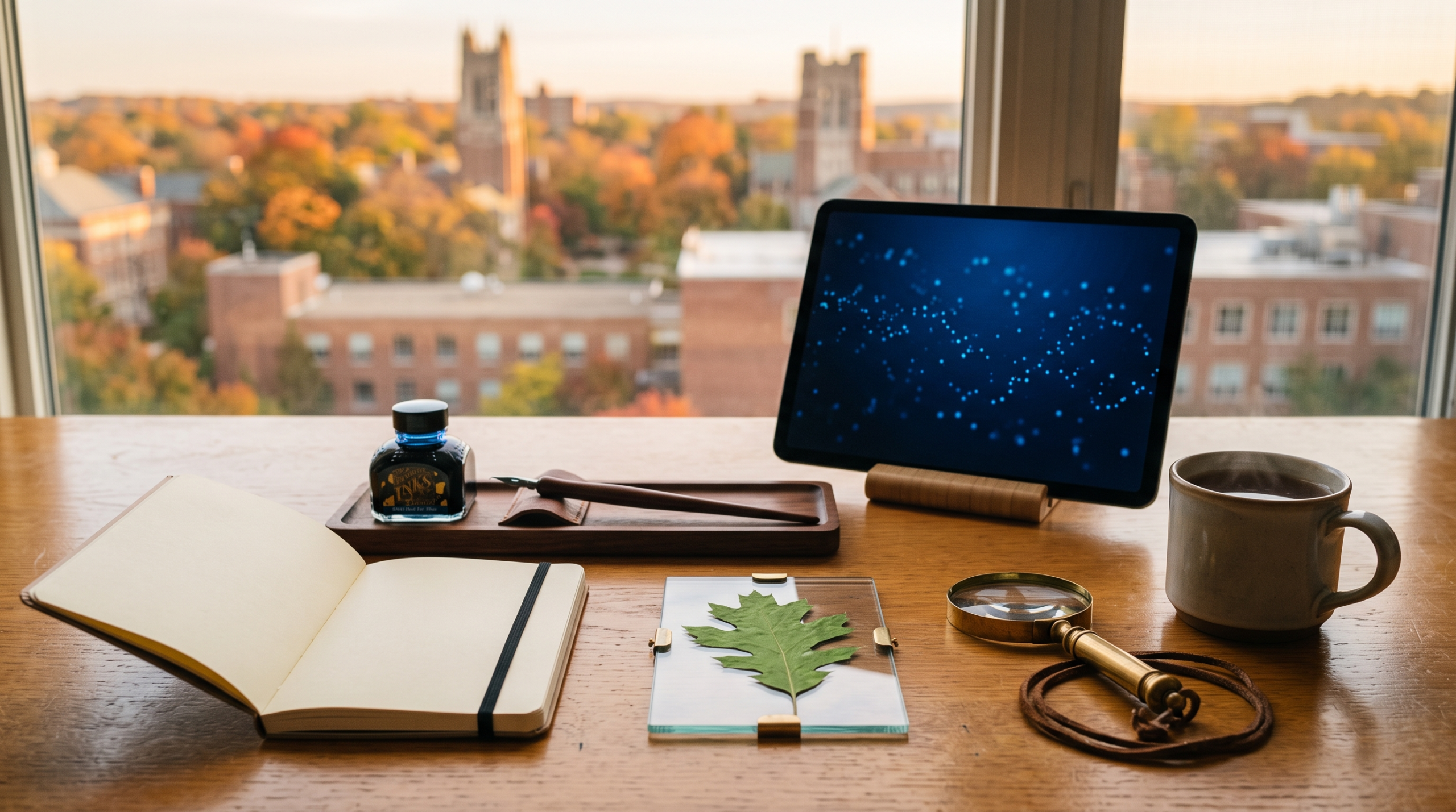 Thought leadership for new AI consultants workspace with field notebook and university town skyline view