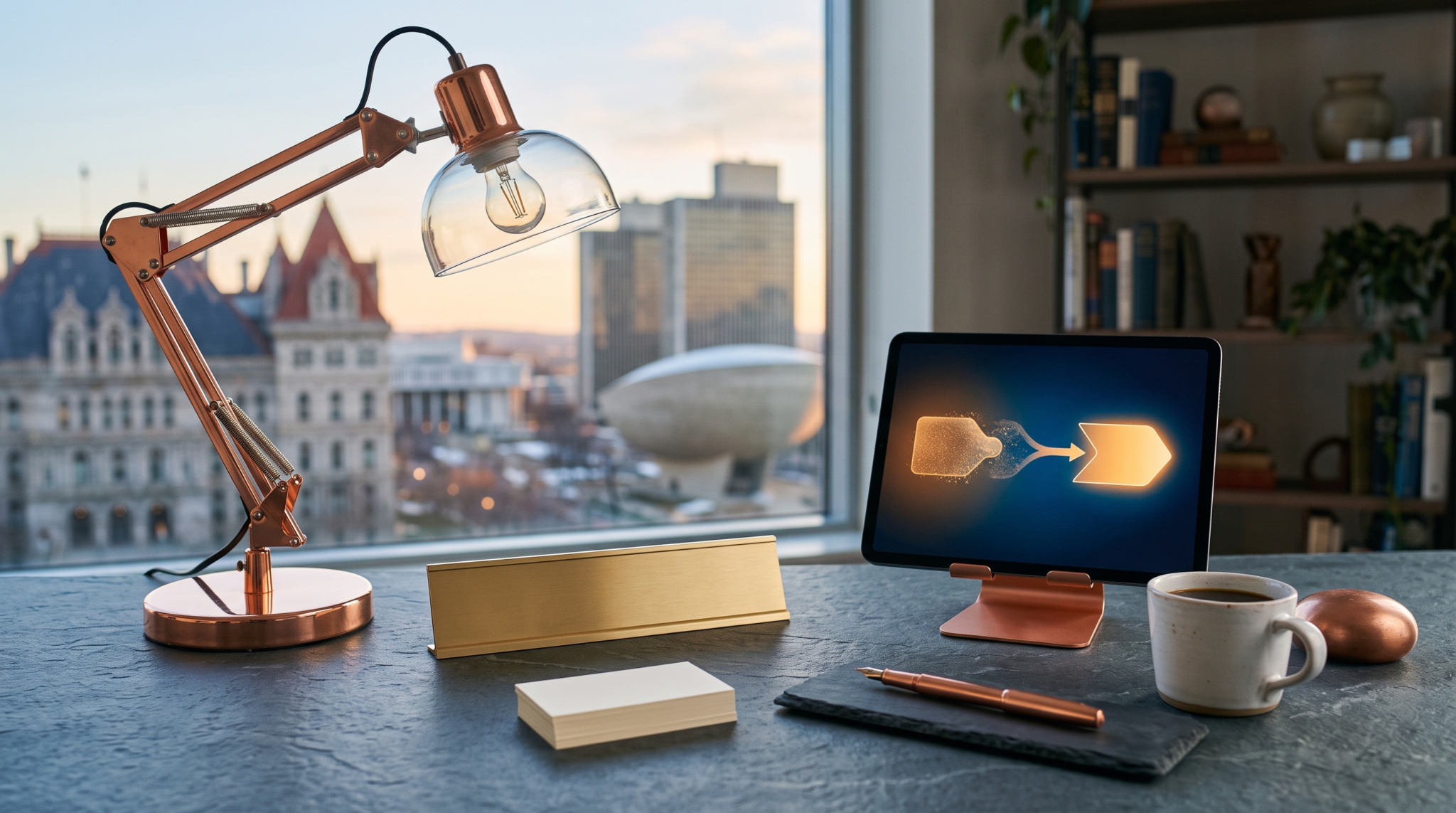 Transitioning corporate title into AI consulting brand workspace with blank brass nameplate and capitol skyline view