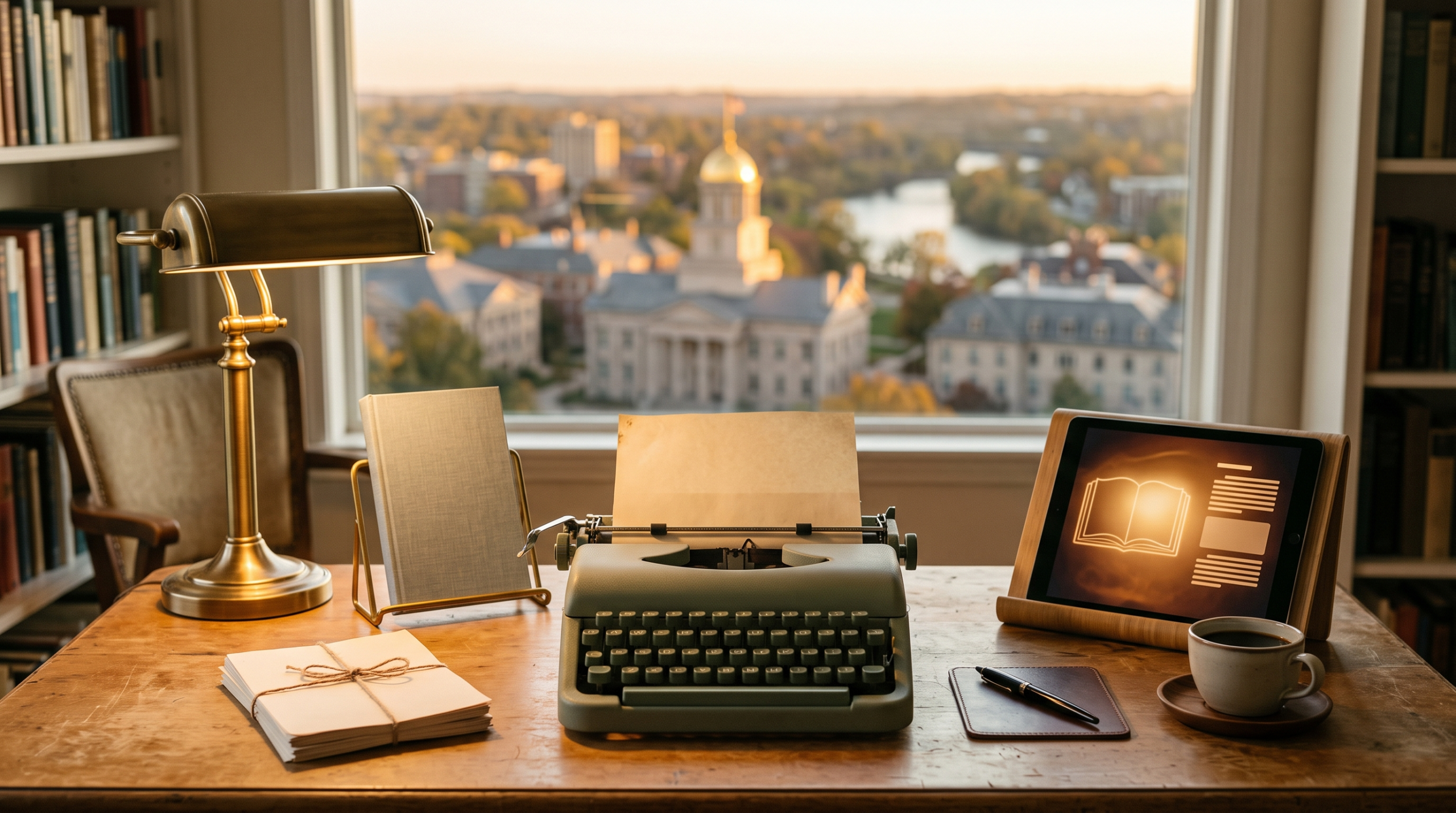 Writing a book as an AI consultant workspace with vintage typewriter and literary town skyline view