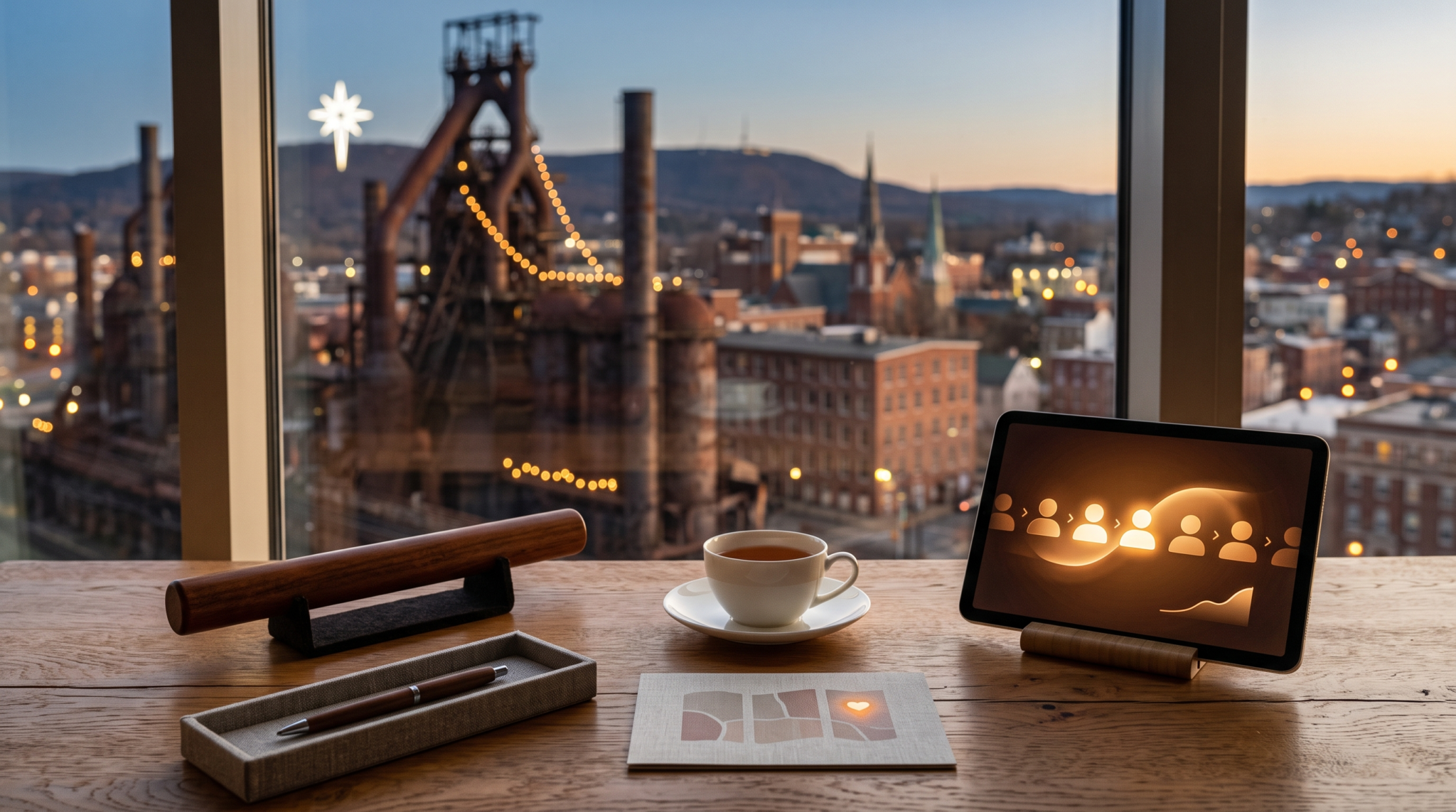 AI change management plan template workspace with relay baton and steel heritage star city view