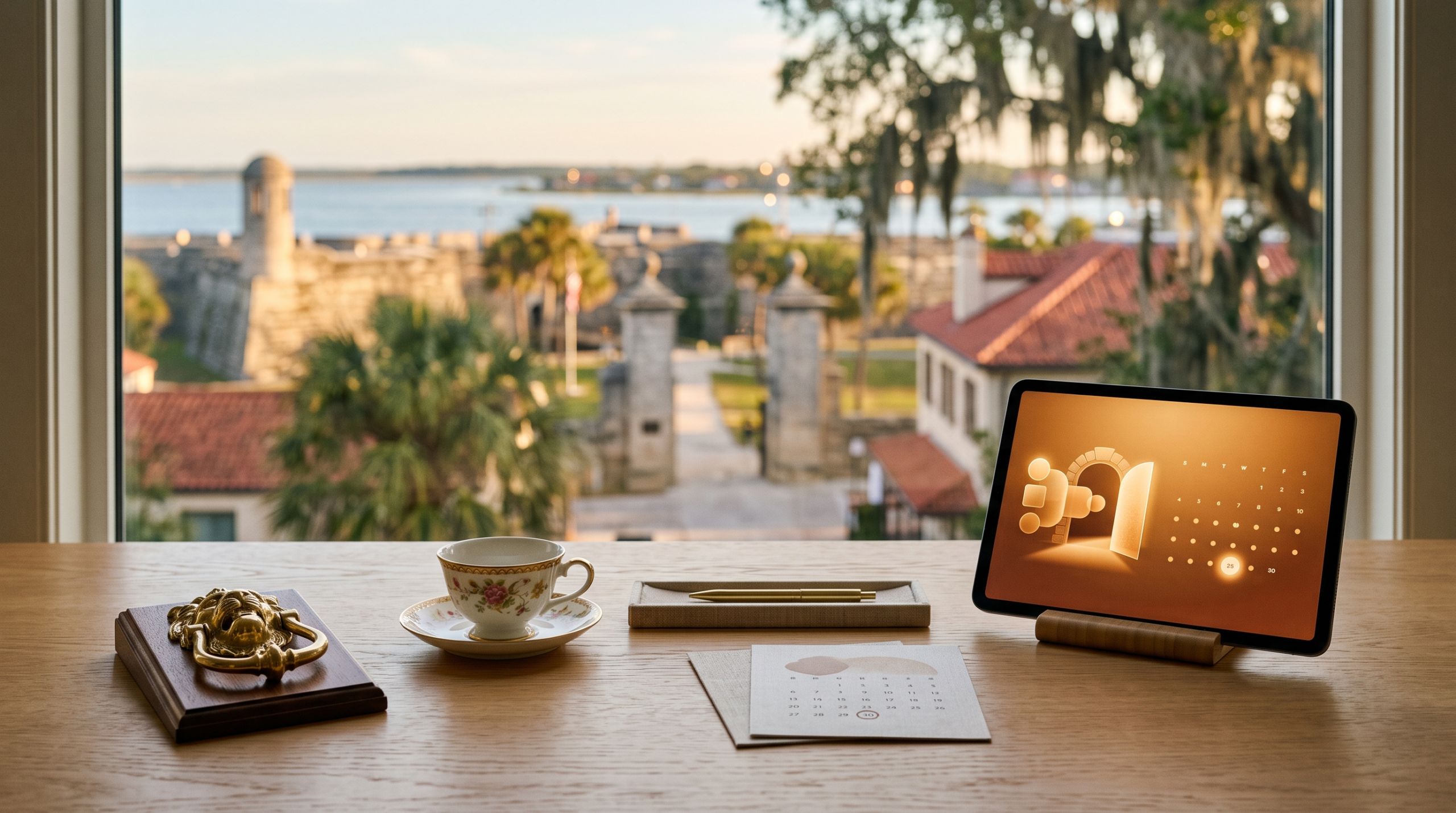 AI client onboarding checklist workspace with brass door knocker and oldest city gates town view