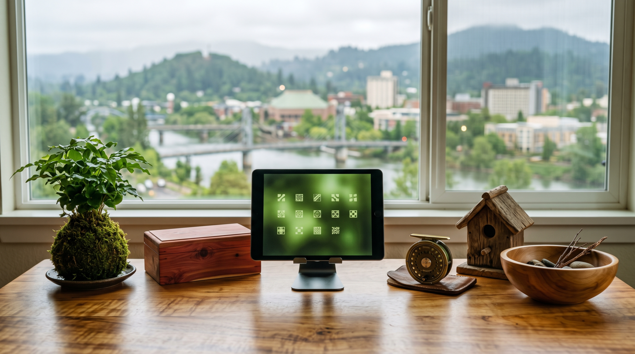 ai consulting 14 day launch checklist workspace with kokedama moss ball and Eugene skyline