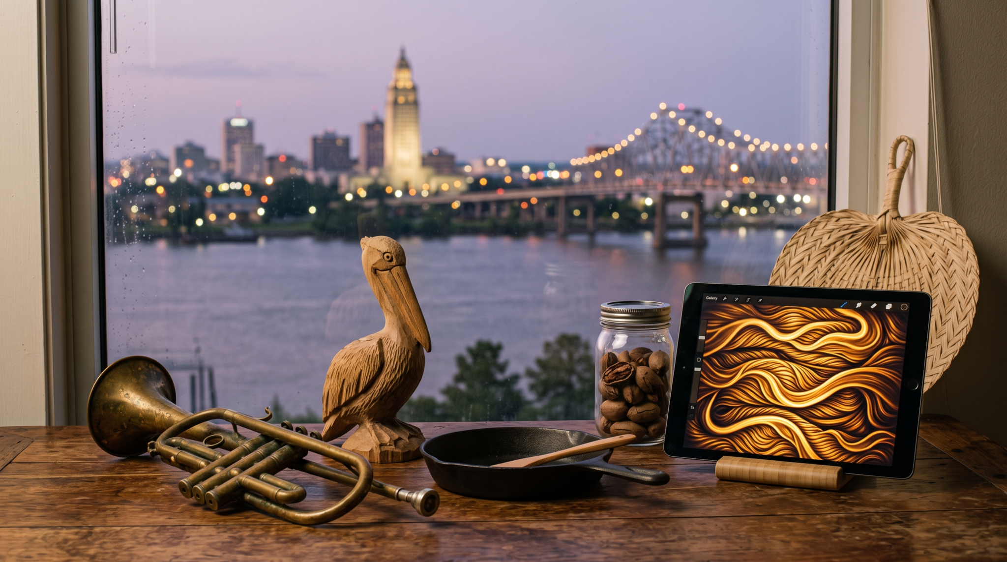 ai consulting 60 day client pipeline plan workspace with cypress pelican carving and Baton Rouge skyline