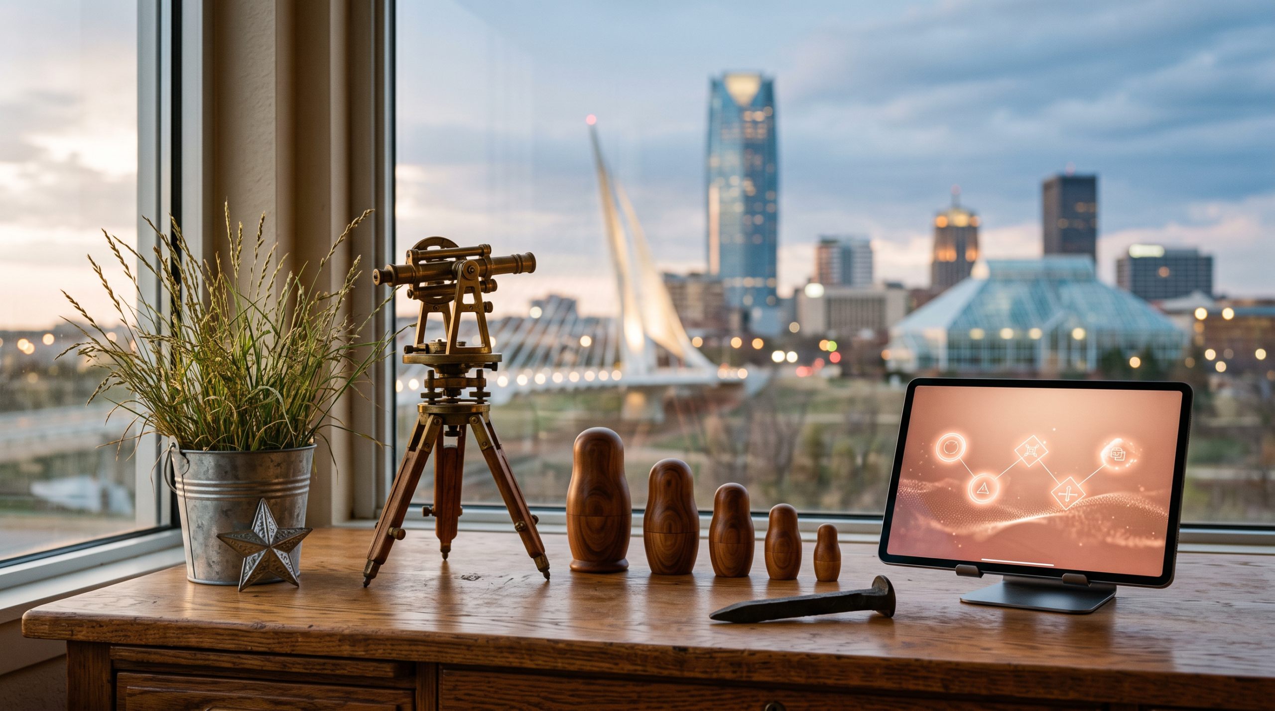 ai consulting discovery call to close timeline workspace with nesting dolls and Oklahoma City skyline