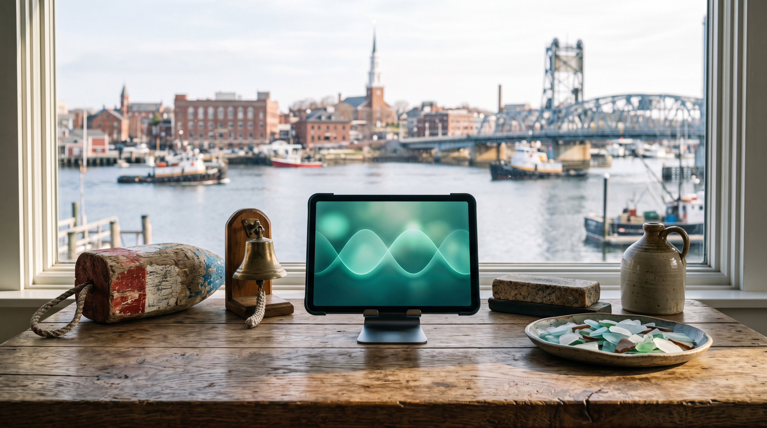 ai consulting first client in two weeks workspace with lobster buoy and Portsmouth skyline