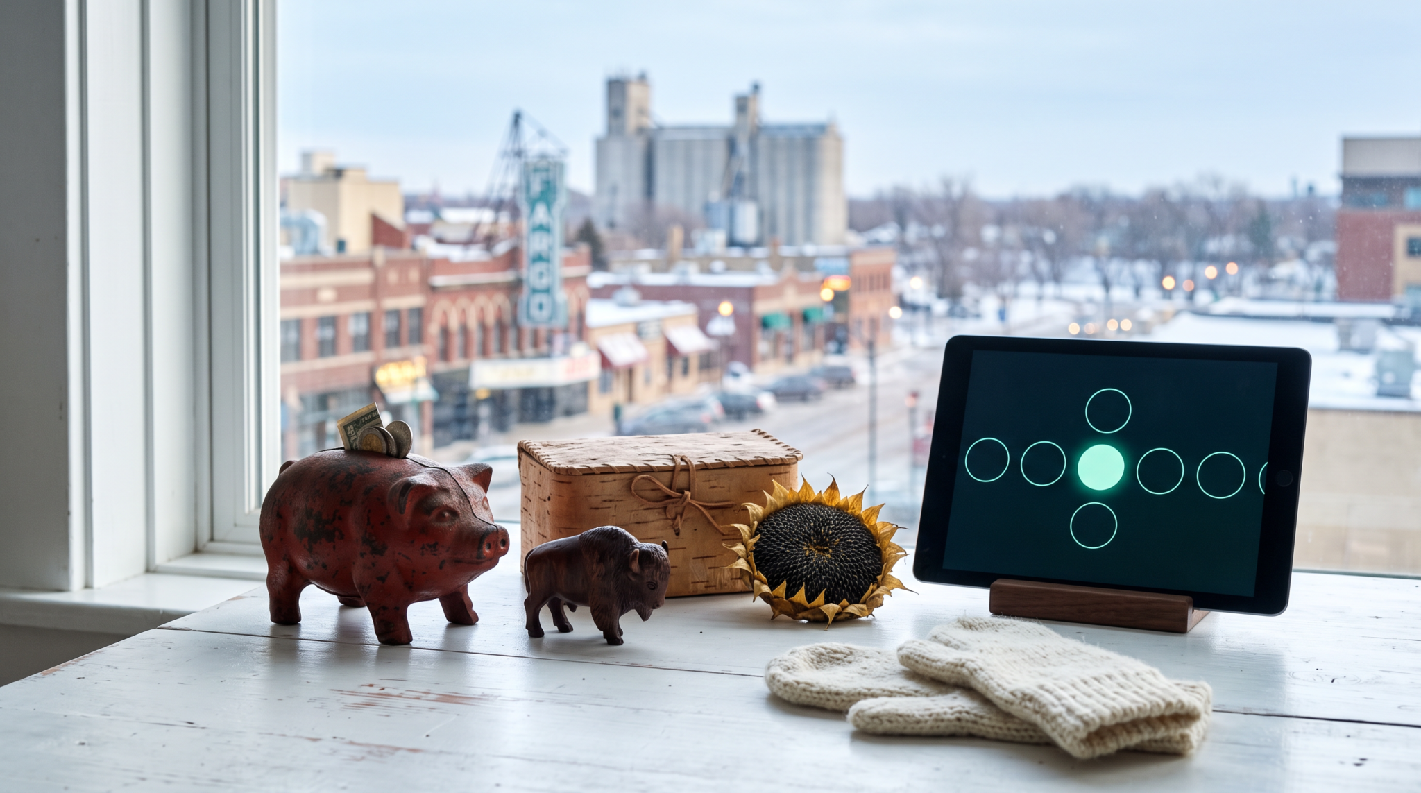 ai consulting first dollar in 21 days workspace with cast-iron piggy bank and Fargo skyline