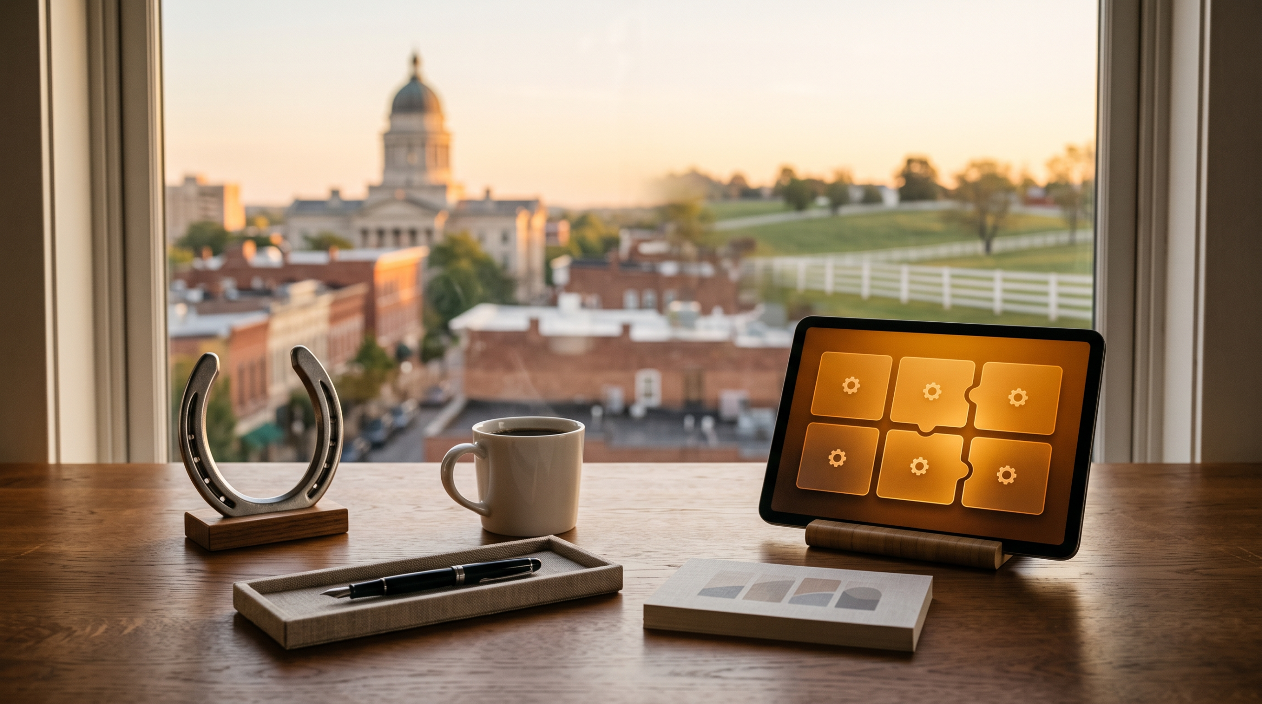 AI consulting pricing models compared workspace with polished horseshoe and bluegrass courthouse town view