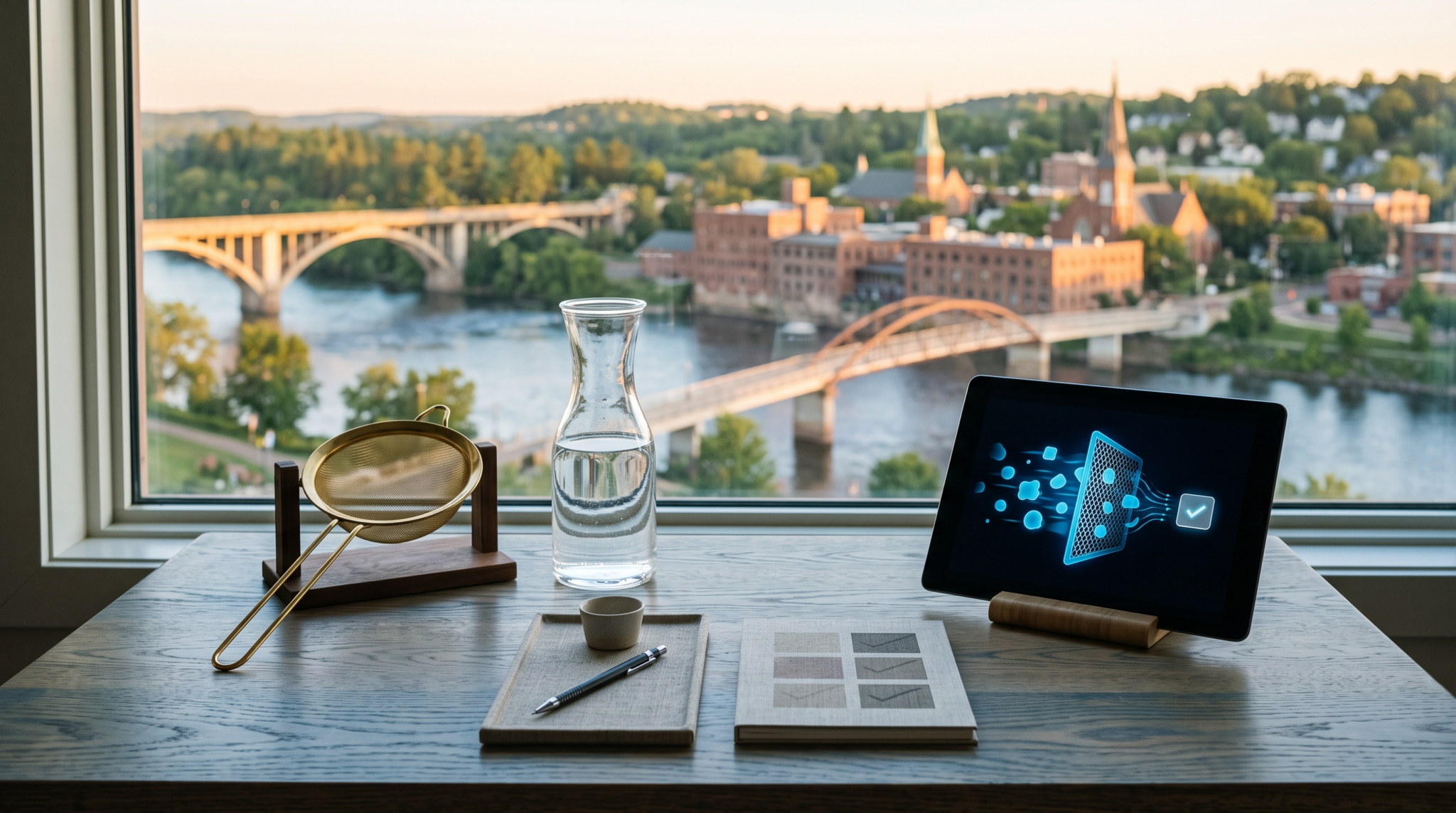 AI data readiness checklist workspace with brass sieve and clear water river town view