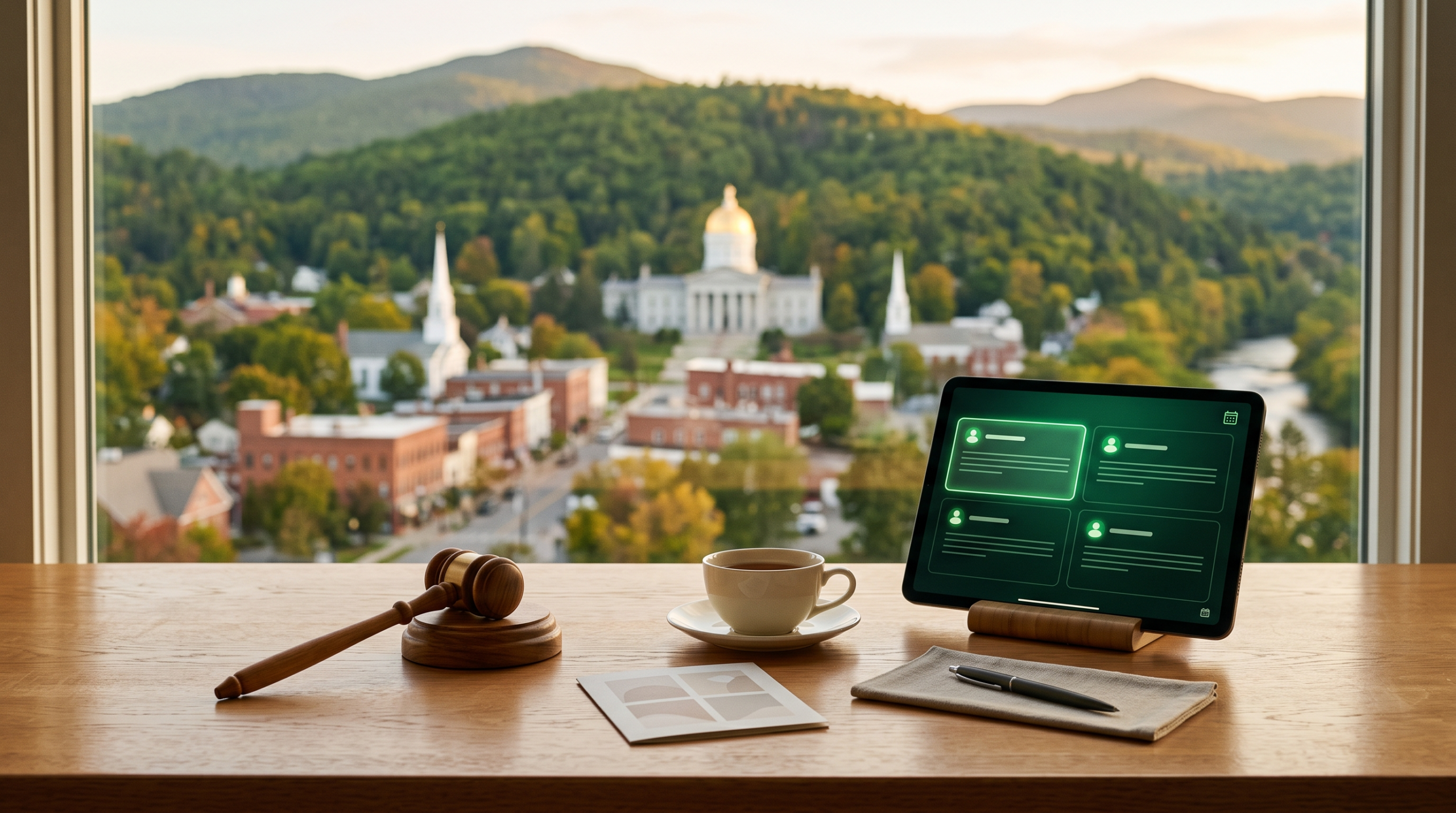 AI governance framework for smb workspace with small wooden gavel and gold dome green mountain capital view