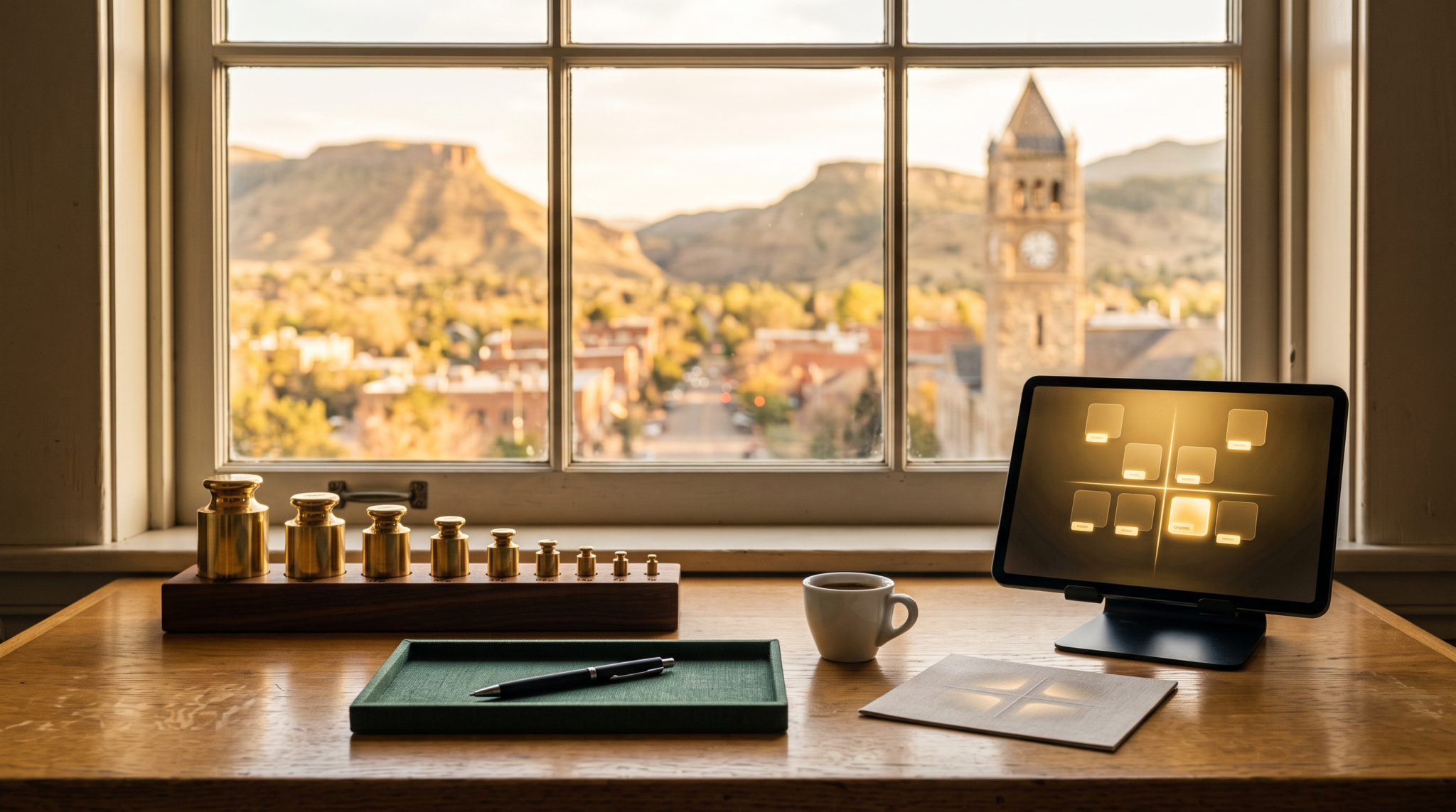 AI opportunity assessment scorecard workspace with brass calibration weights and mesa mining school town view